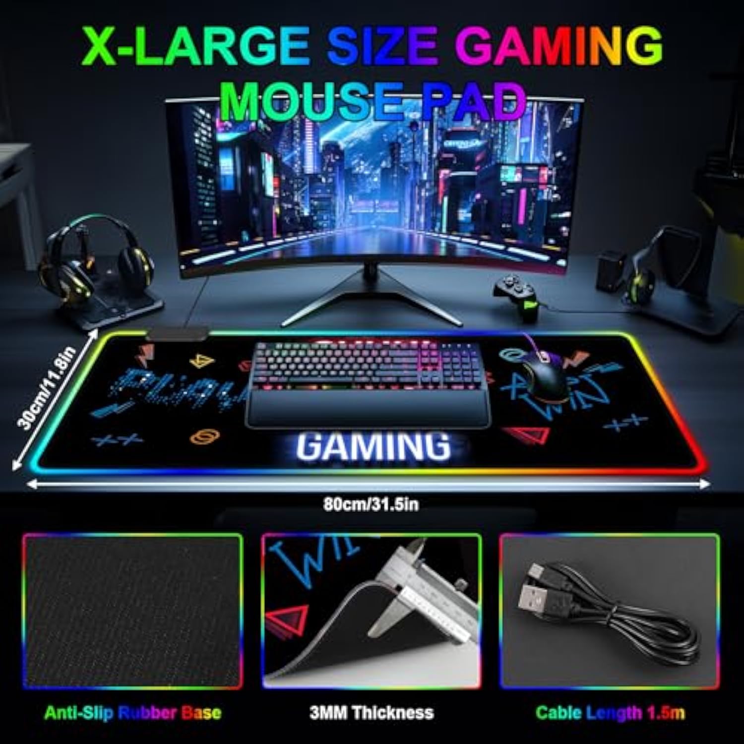 Rgb Gaming Mouse Pad, Large Mousepad With Led Light 13 Light Modes Touch Control Extended Soft Computer Keyboard Mat Pad, Desk Mat With Non-Slip Rubber Base For Macbook, Pc & Laptop(31.5X11.8)