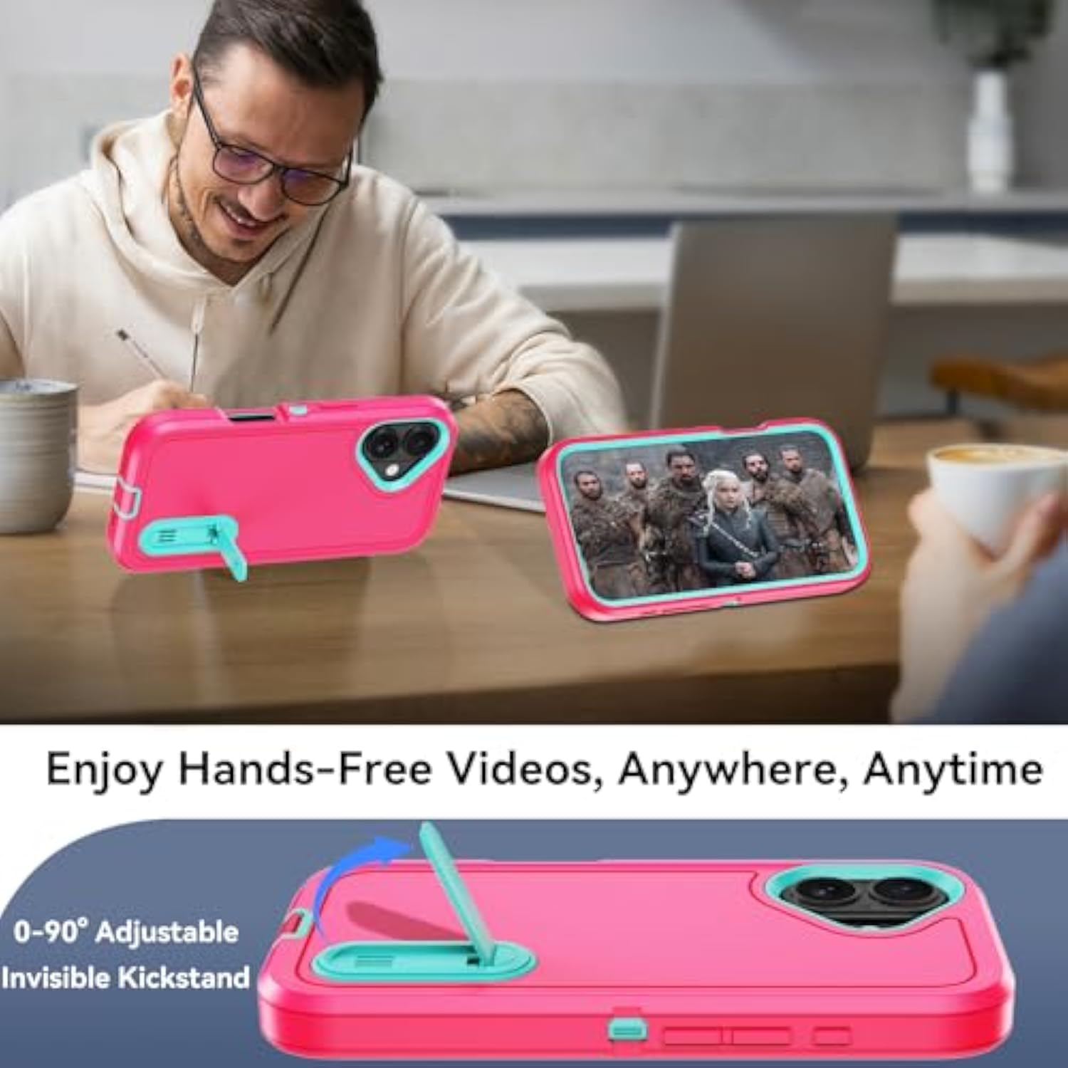 For Iphone 16 Plus Case With Built-In Invisible Kickstand, [2*Screen Protector] Military-Grade Protection Shockproof Protective Cover, Hard Back Stand Phone Case For Iphone 16 Plus (Pink)