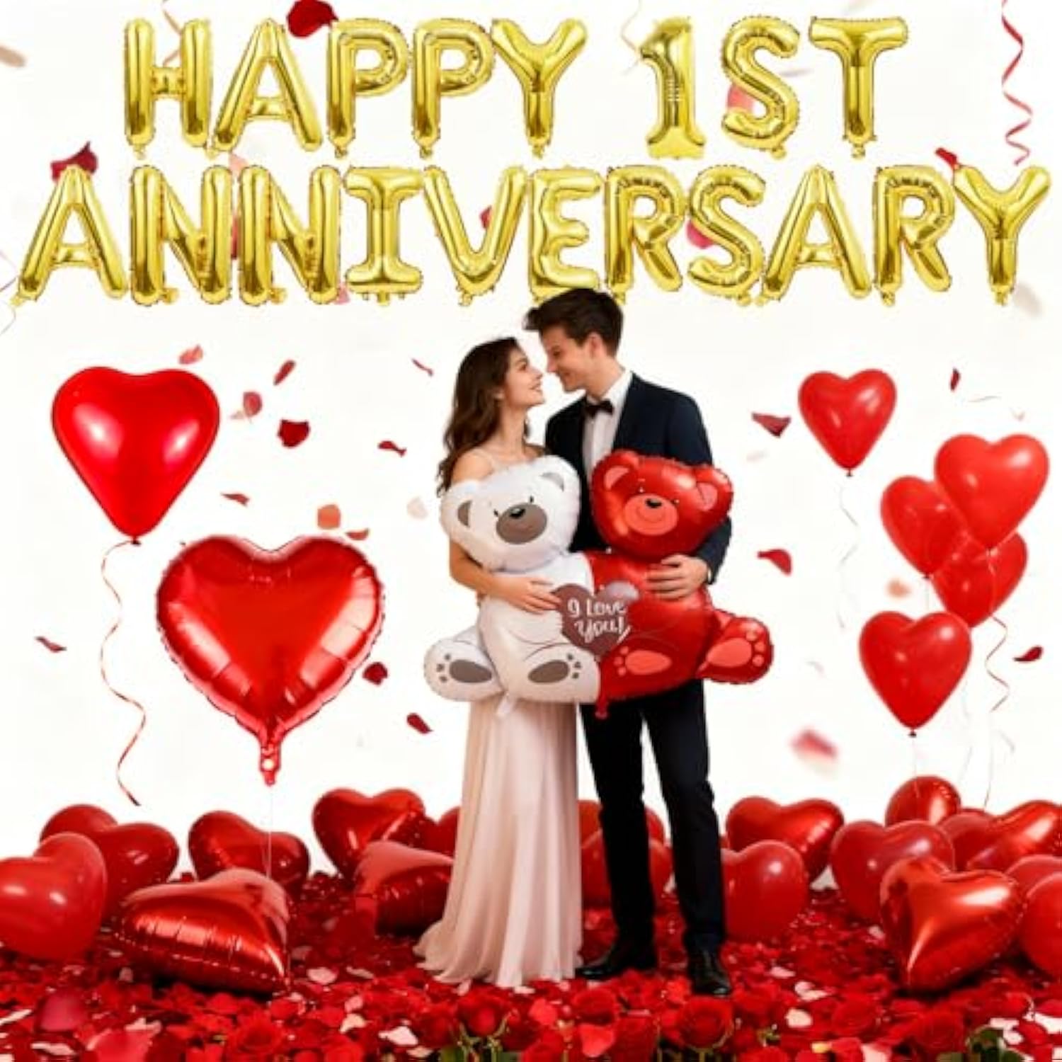 Happy 1St Anniversary Balloons, Happy Anniversary Decorations With 1000 Red Rose, Romantic Anniversary Balloons Set For Valentines Day, Red Heart Balloons For Couple Boyfriend Und Girlfriend