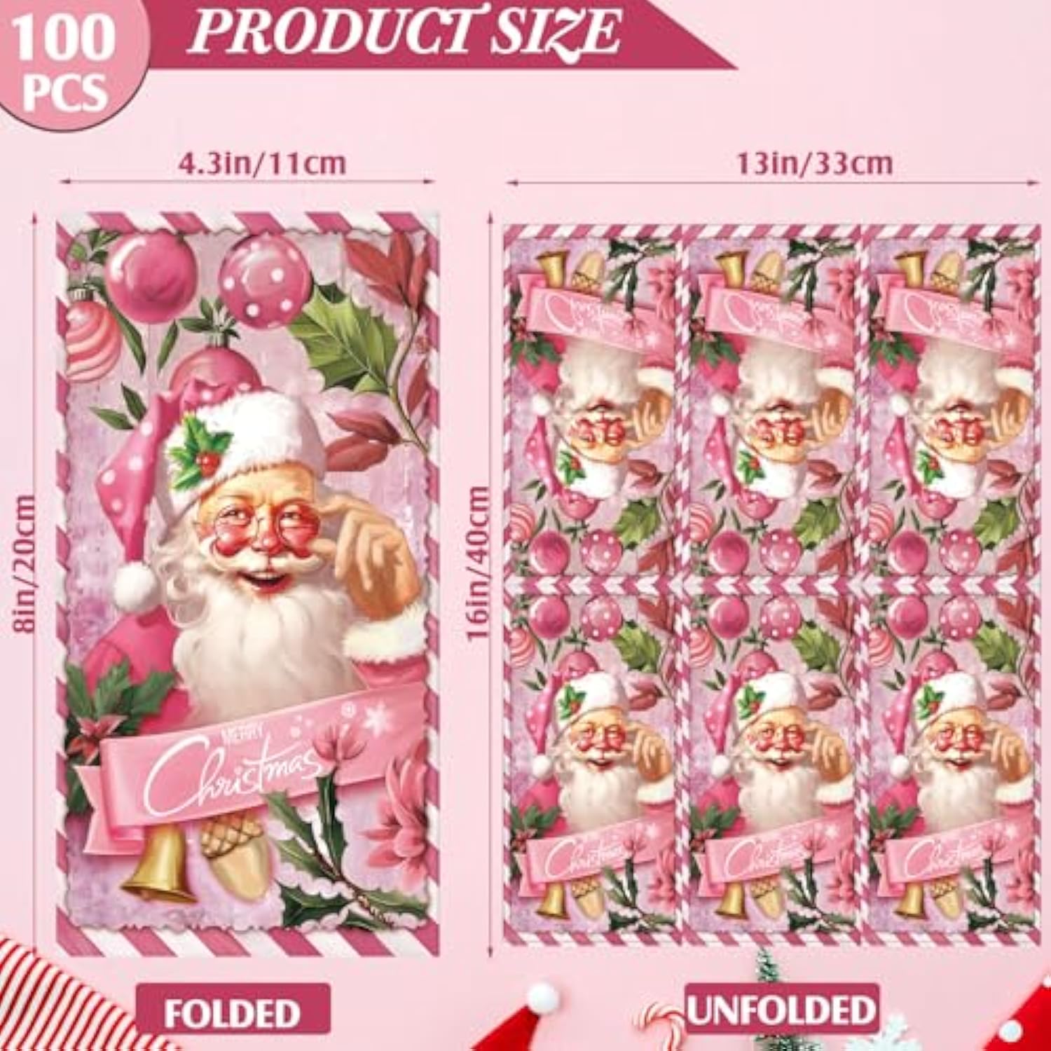 100 Pcs Christmas Paper Napkins Pink Christmas Napkins Christmas Disposable Napkins Santa Claus Napkins Merry Christmas Disposable Hand Towels For Bathroom Xmas Birthday Party Holiday Supplies