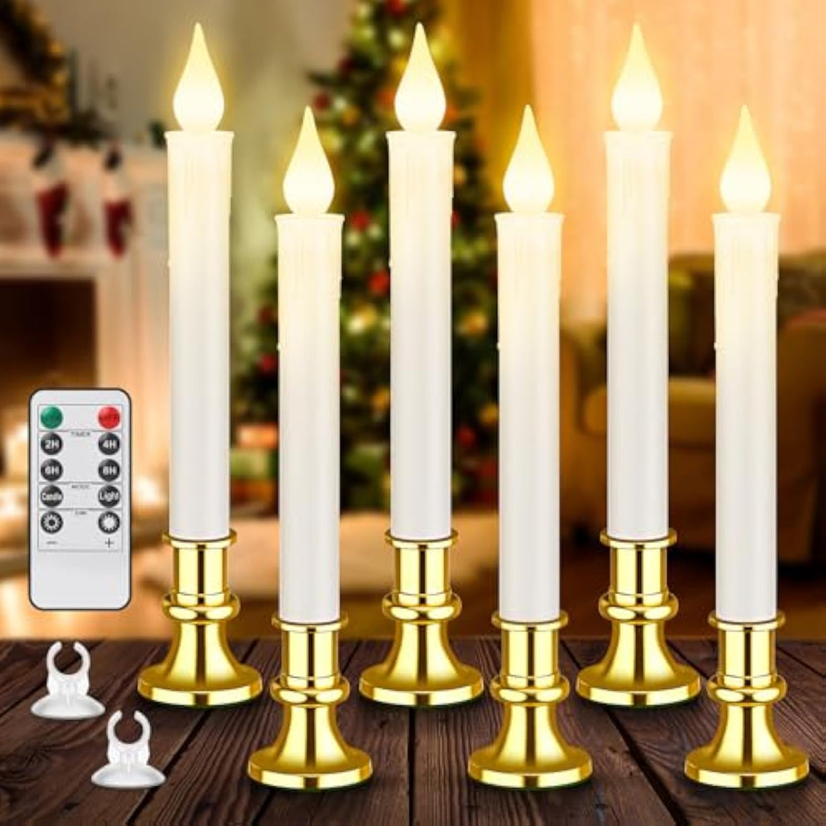 Window Candles Cordless Battery Operated With Timer Remote, 6 Packs Flameless Led Candle Lights With Gold Removable Candlesticks, Gift For Christmas Windows Table Decoration