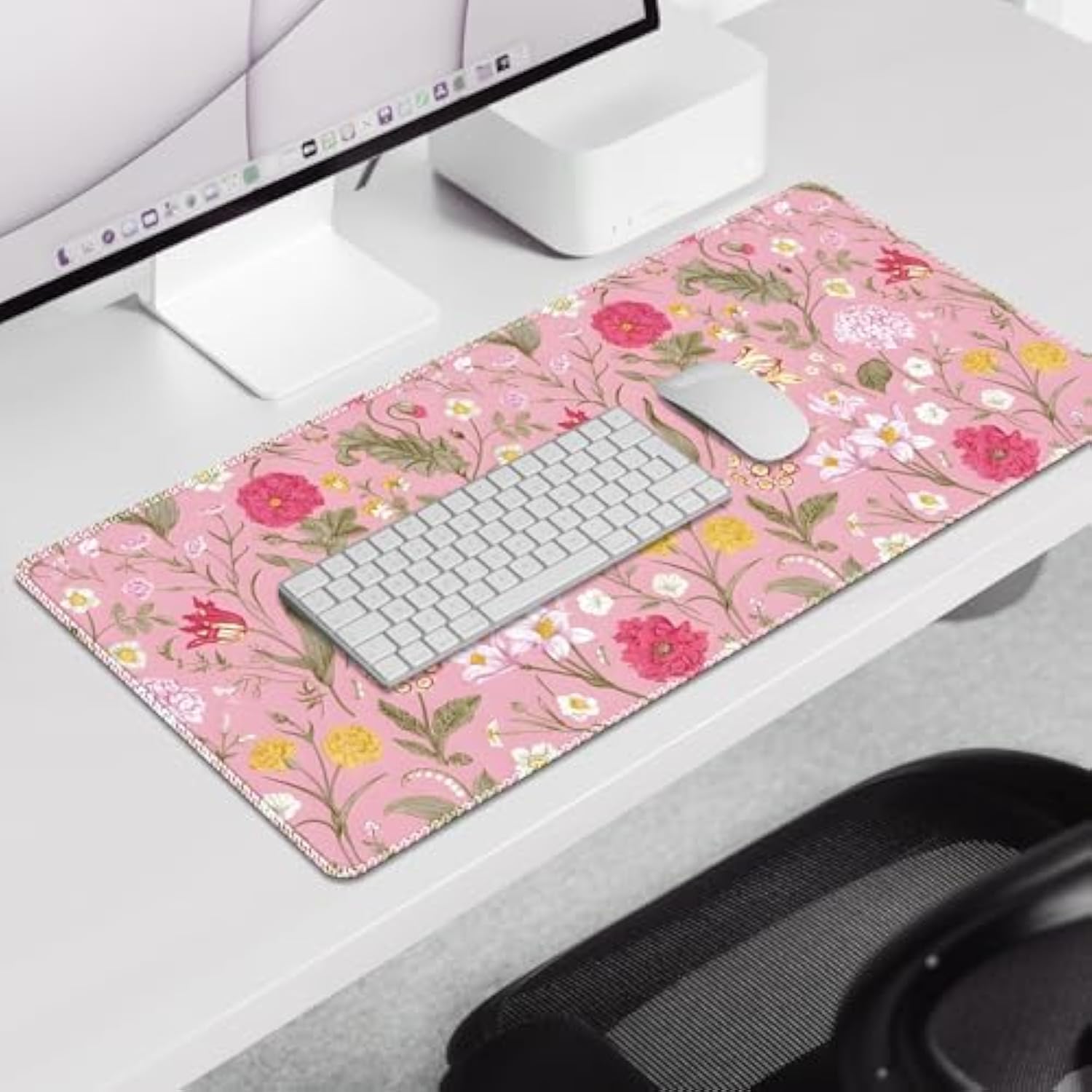 Desk Mat For Keyboard And Mouse, Xxl Large Mouse Pad For Desk, Cute Desk Pad Mat, Computer Desk Mat With Stitched Edges, Non-Slip Mouse Pad For Office, Gaming, Pink Floral Plant