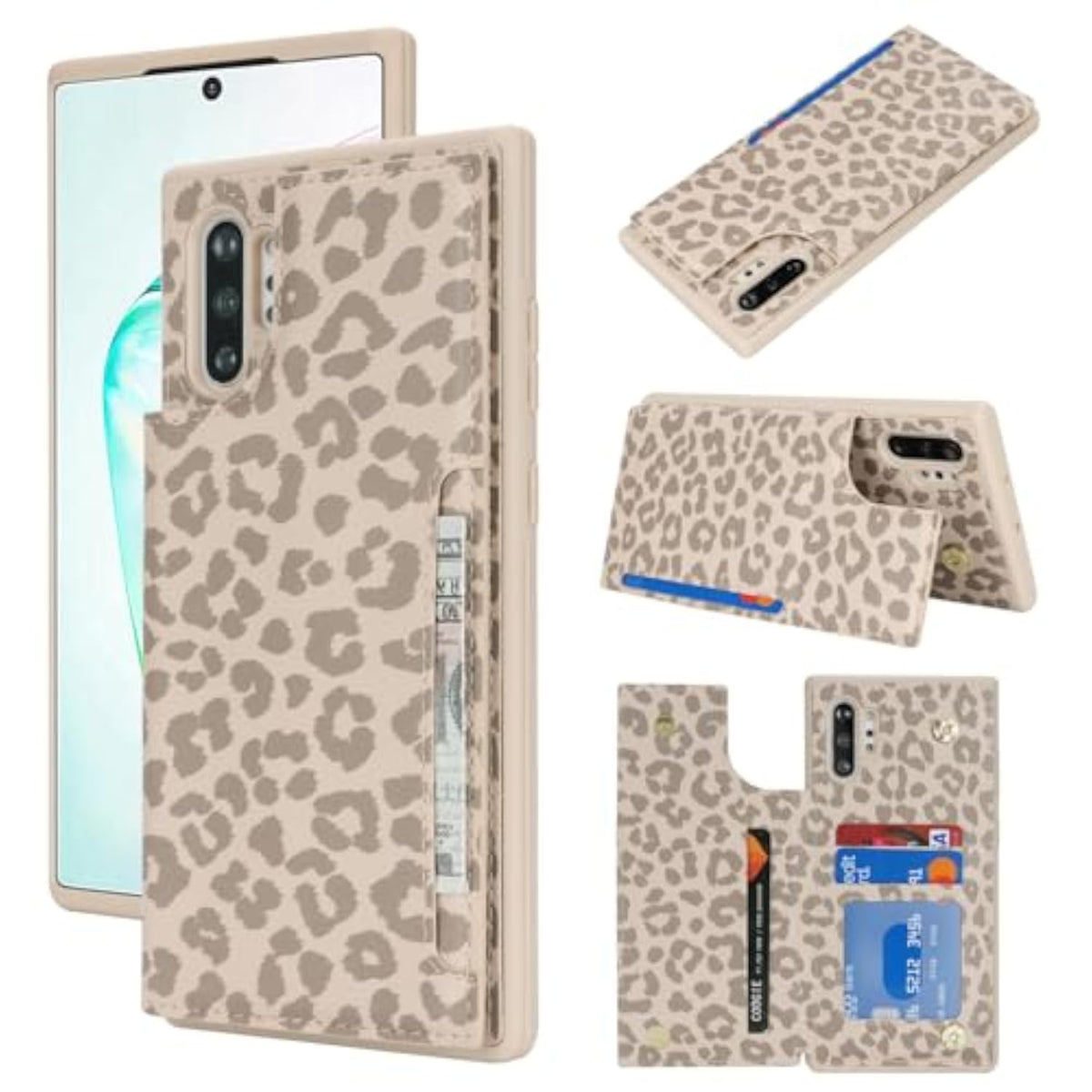 Premium PU Leather Phone Case for Samsung Galaxy Note 10 Plus with Card Holder and RFID Blocking - Beige Leopard Pattern