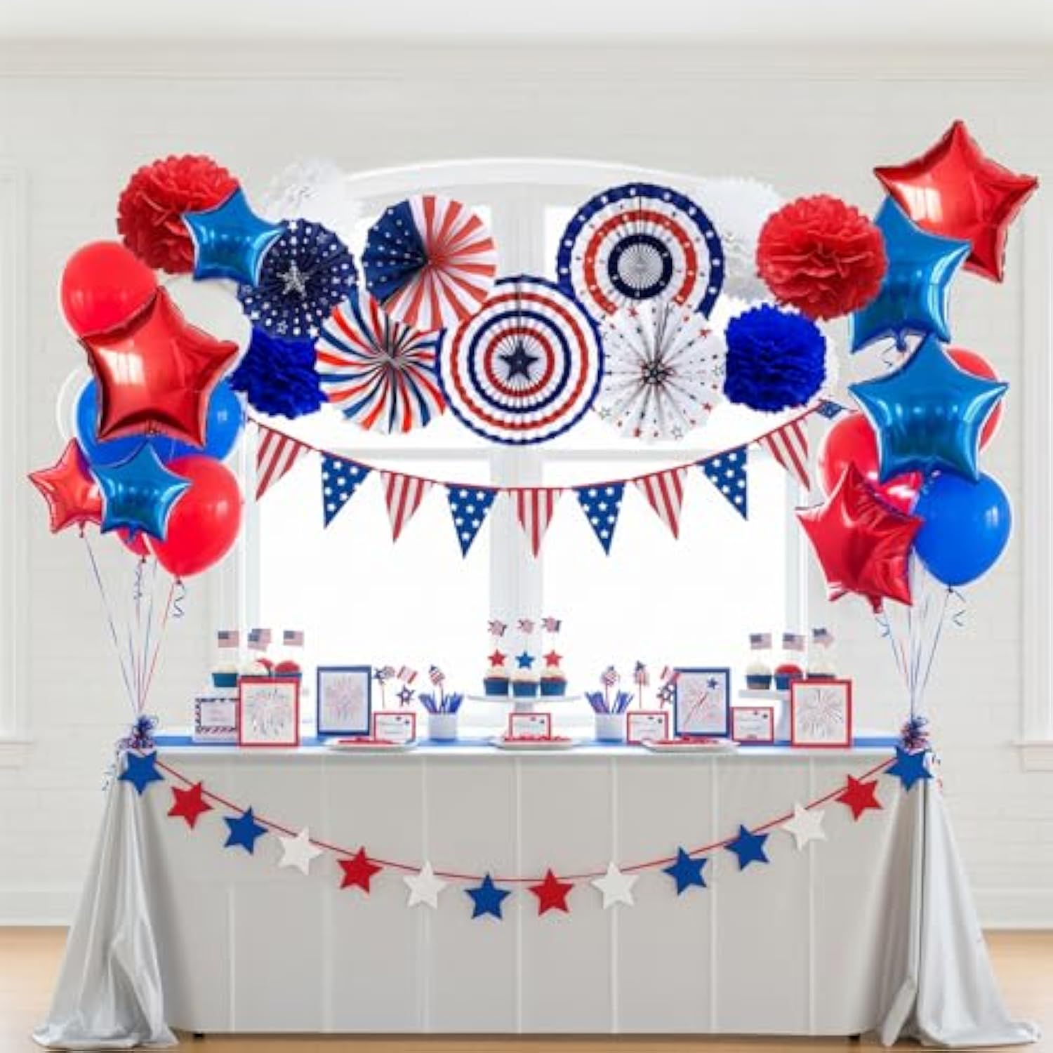 4Th Of July Decorations Sef Of Red White Blue Hanging Paper Fans Hanging Swirls Usa Flag Pennant And Pom Poms Red Blue Star Mylar Balloons For Patriotic Independence Day Decorations