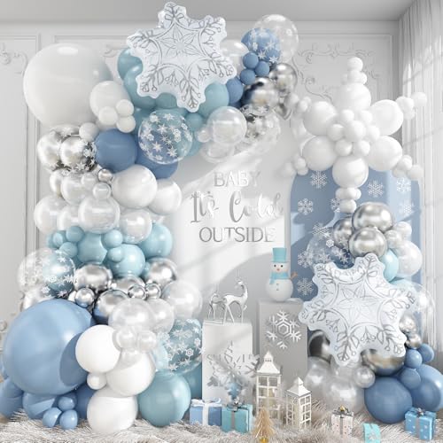 120PCS Winter Wonderland Balloon Arch Garland Kit, Dusty Baby Blue Slate Blue Silver White Snowflake Foil Balloons for Winter onederland Christmas Baby Shower Snow Princess Birthday Party Decorations