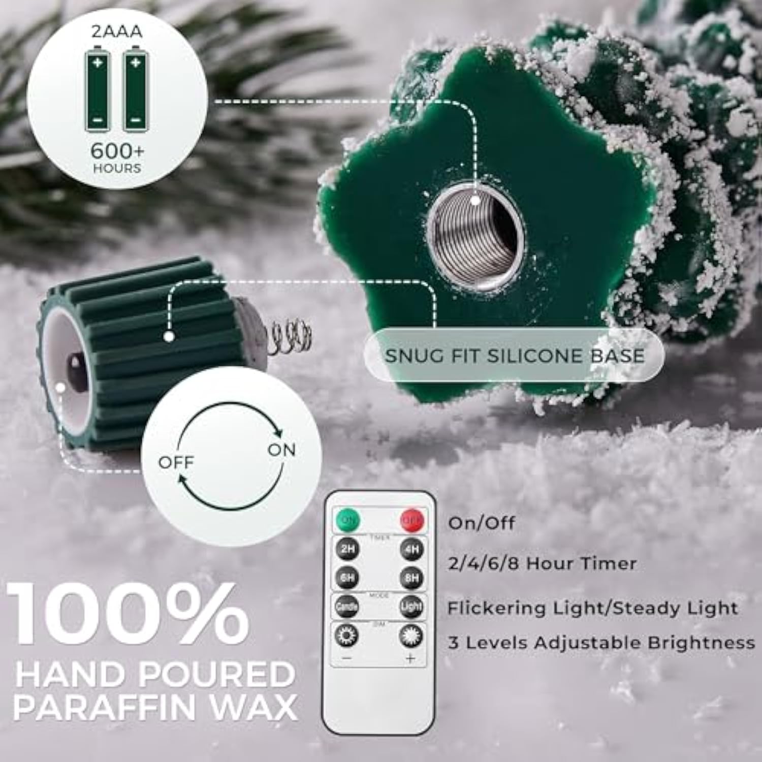 4 Pcs Flameless Christmas Tree Candles With Remote, Snow Covered Real Wax Flameless Taper Candles 9.65 Inch, Led Candlesticks Battery Operated With 3D Flickering Flame, Christmas Candles Decor