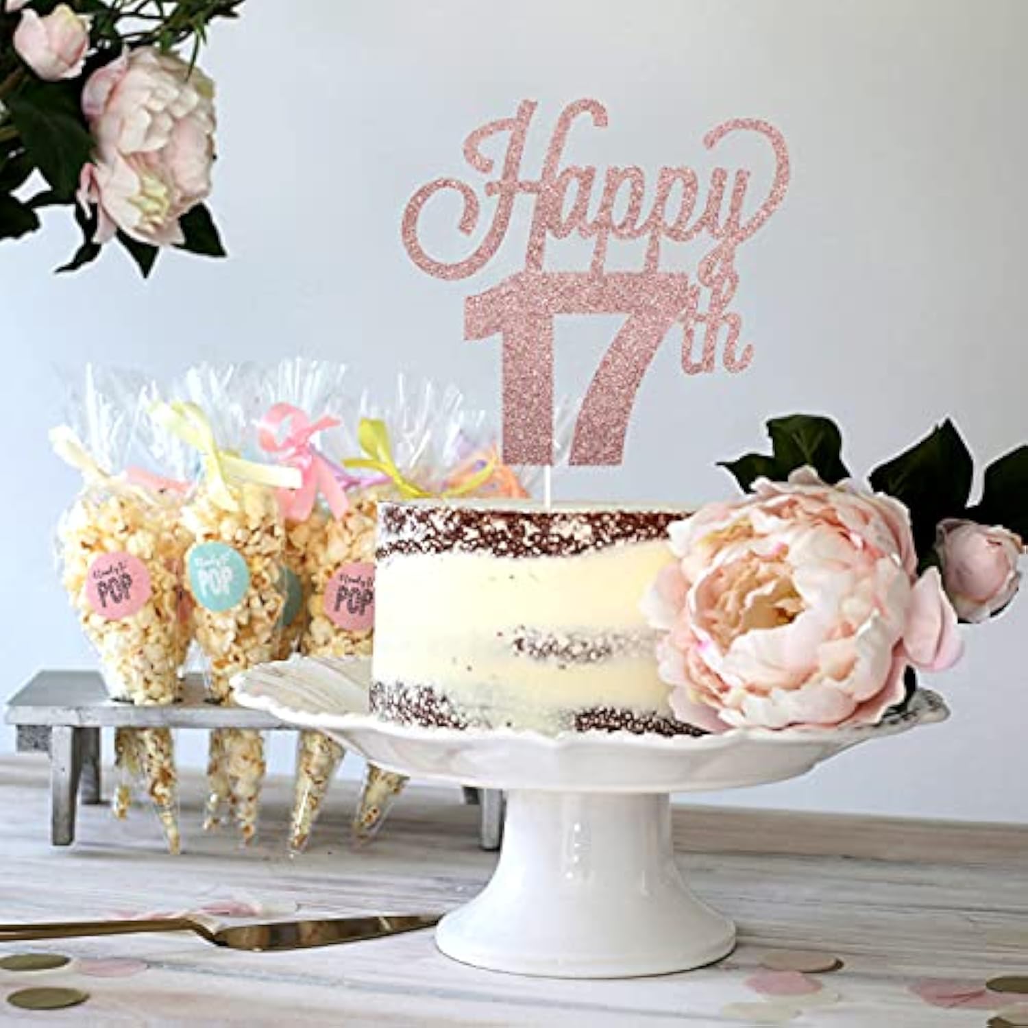 Happy 17Th Birthday Cake Topper - Cheers To Seventeen Years Old Birthday Party Cake Centerpieces Decorations Sign.