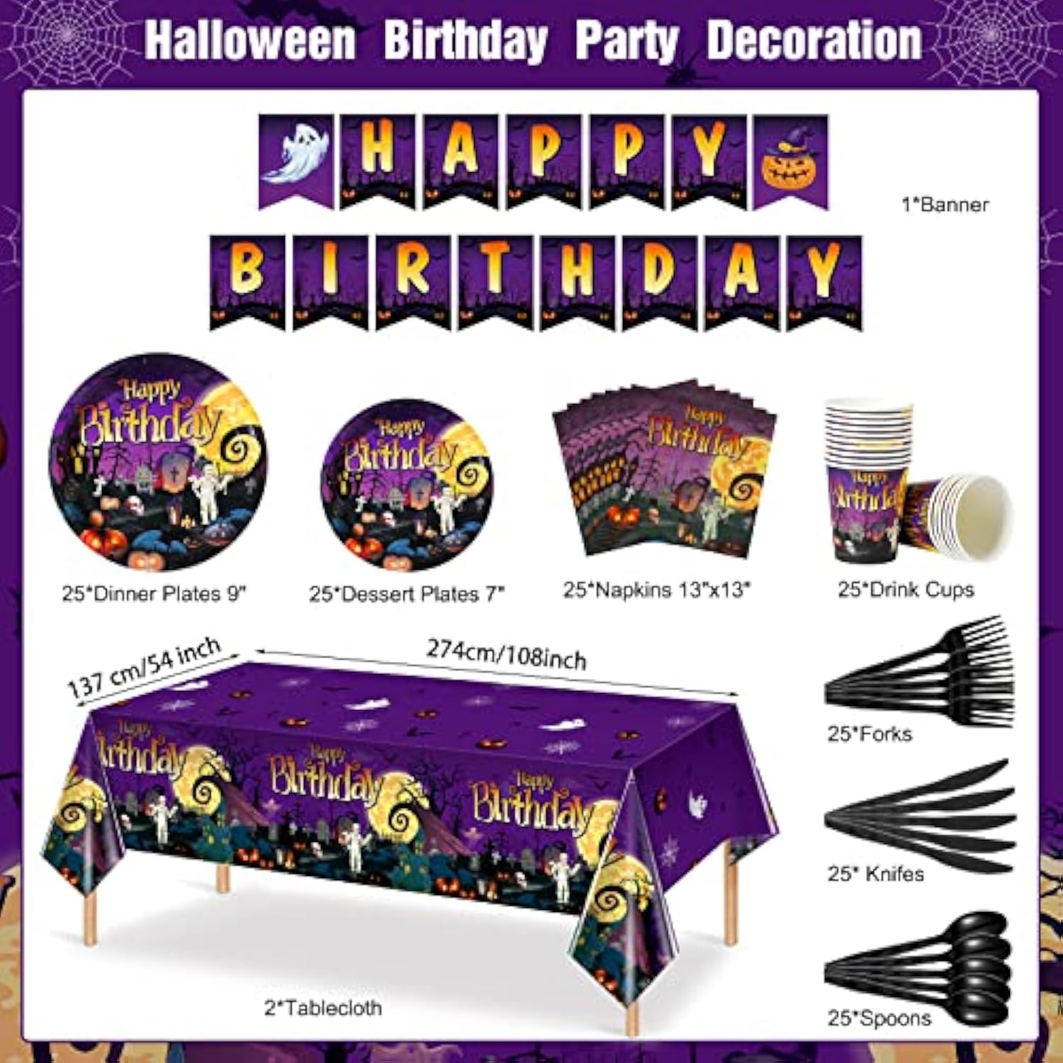 Halloween Birthday Party Tableware Set for 25 – Plates, Cups, Napkins, Banner & Tablecloth for Kids