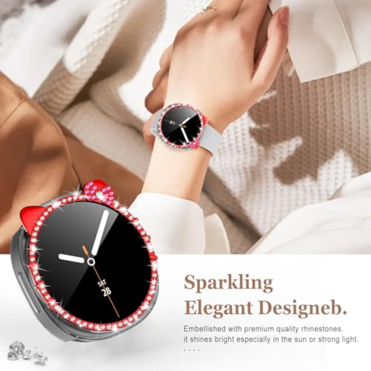 [2+2Pack Bling Diamond Case For Samsung Galaxy Watch 8 Screen Protector 40Mm Cute Cat Women, Glitter Rhinestone Protective Hard Pc Bumper Covers For Galaxy Watch 8 Case 40Mm Cover Accessories