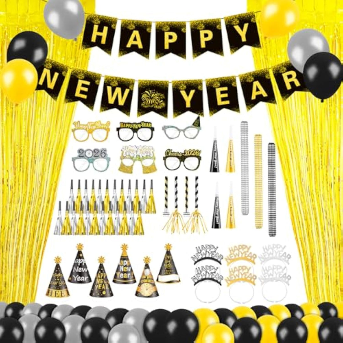 101pcs New Year 2026 Party Supplies with Hats, Noise Makers & Balloons