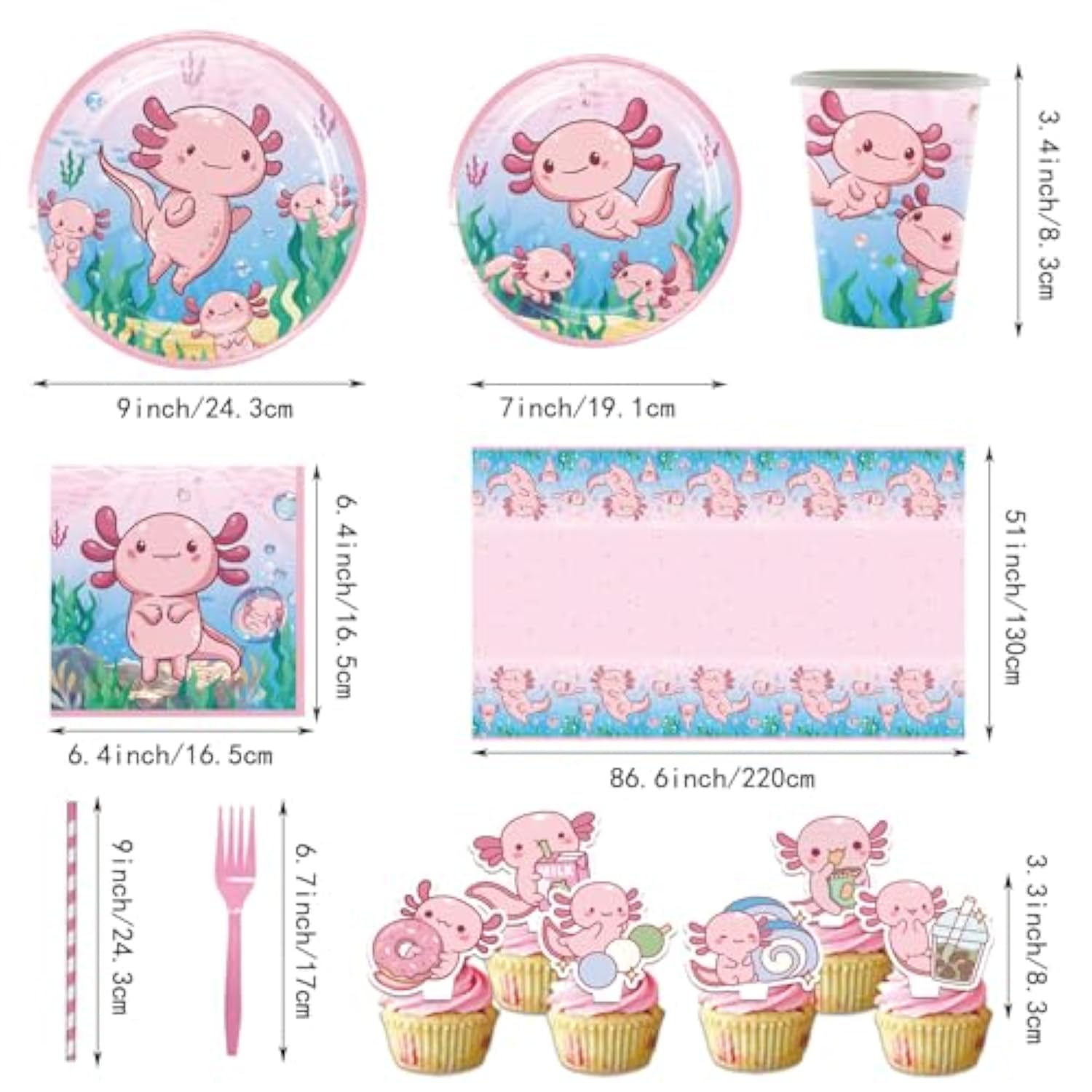 164Pcs Pink Cartoon Axolotl Birthday Party Decorations, Tableware Axolotl Party Supplies Plates And Napkins Set, Banner, Hanging Swirls, Tablecloth, Cake Cupcake Topper, Reptile Animals Baby Shower