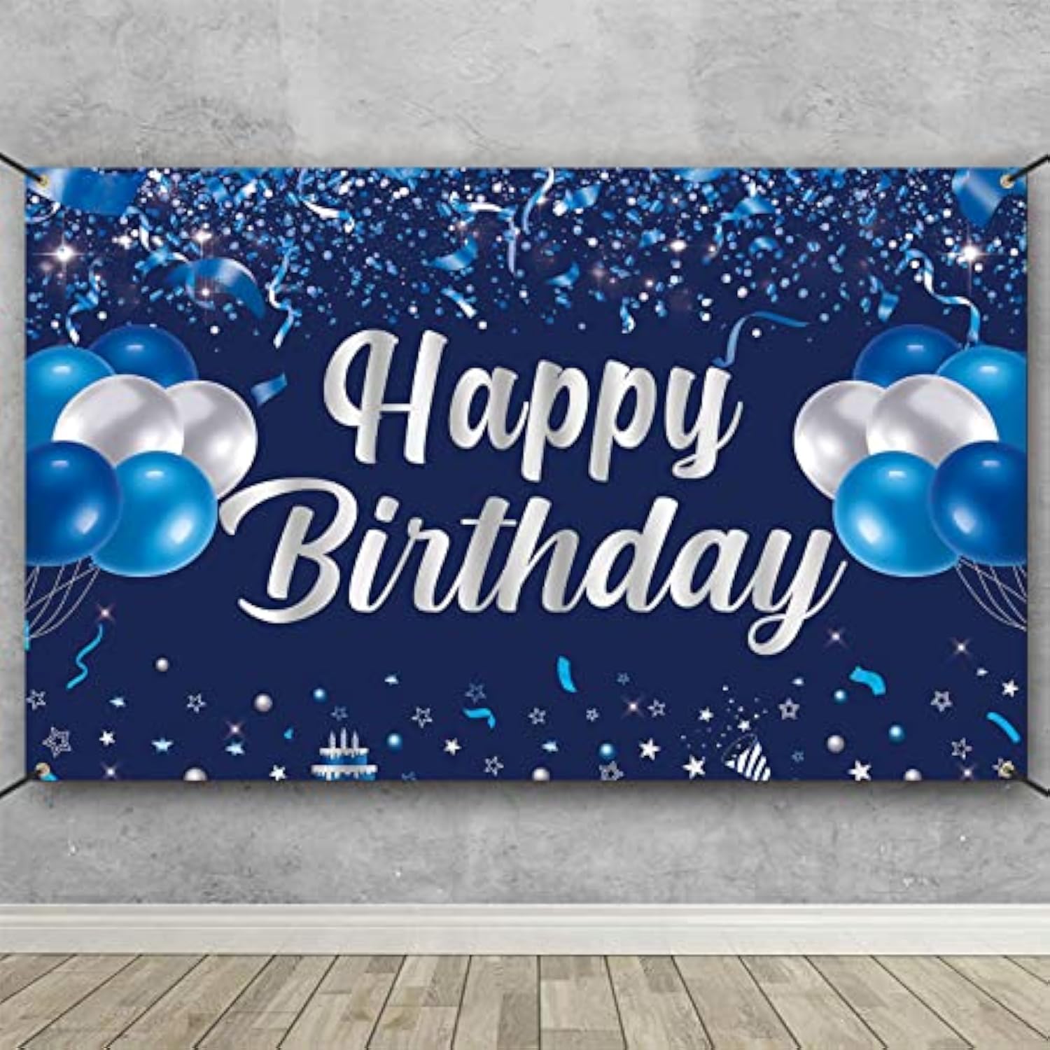 Happy Birthday Banner, Blue & Silver Birthday Party Decorations, Party Supplies For Men, Women & Kids, Photo Background Banner Decor For Indoor & Outdoor