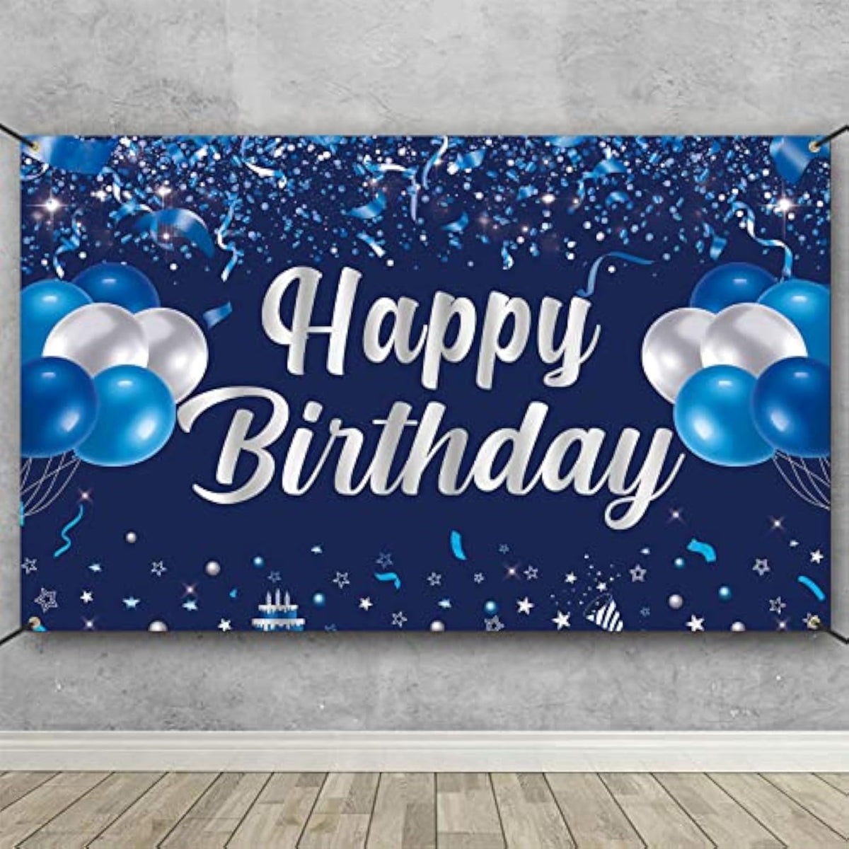 Happy Birthday Banner, Blue & Silver Birthday Party Decorations, Party Supplies For Men, Women & Kids, Photo Background Banner Decor For Indoor & Outdoor