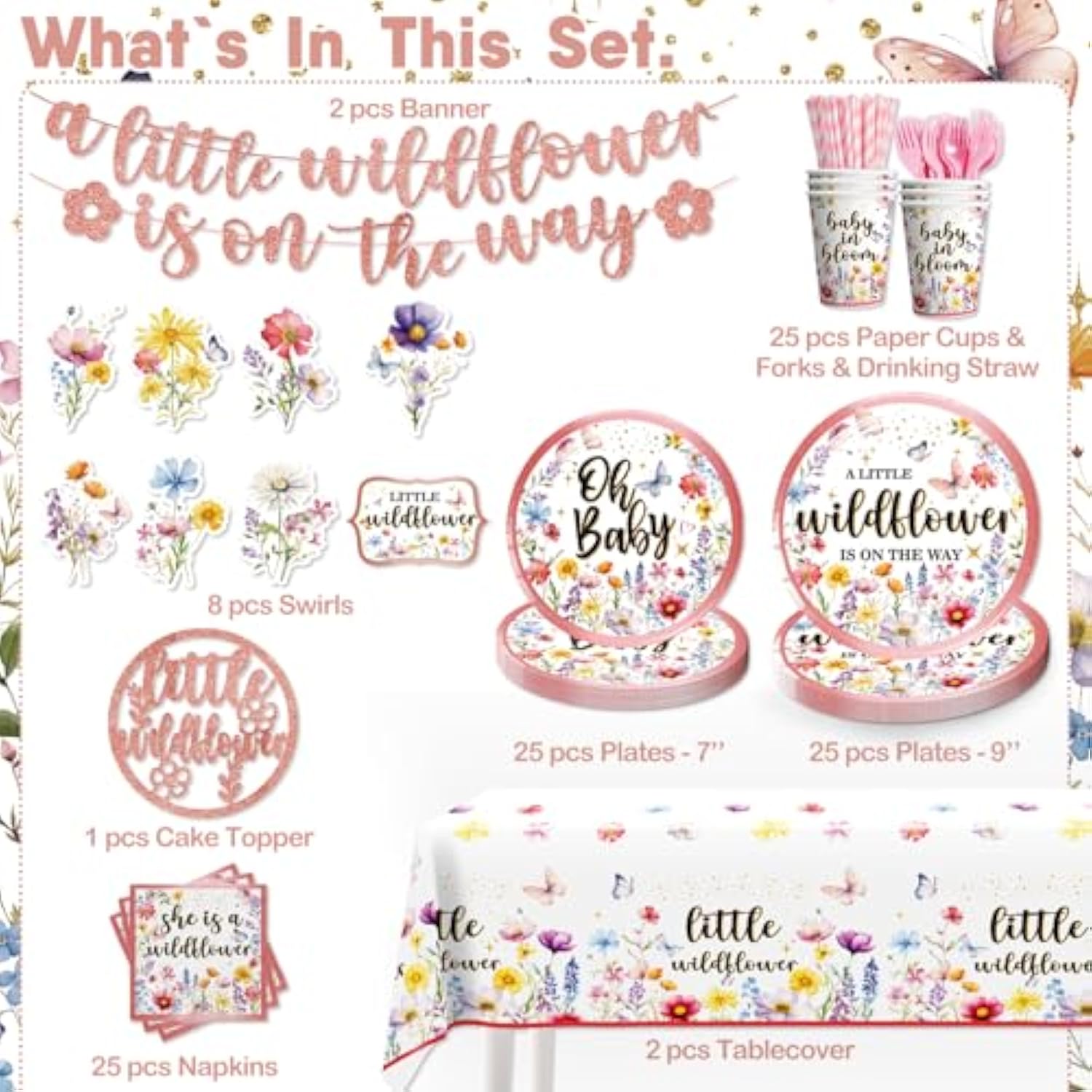 161pcs Wildflower Baby Shower Set – Tableware, Banner & Decor for 25 Guests