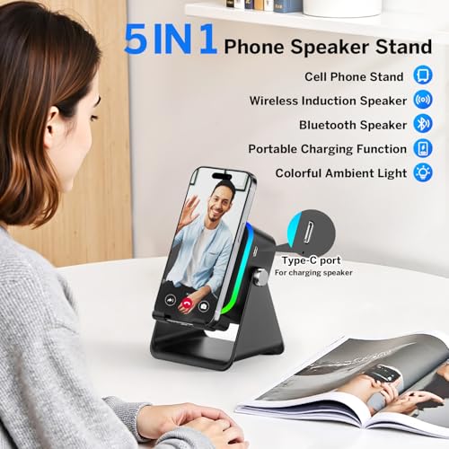 Wireless Induction Speaker 5-In-1 Bluetooth Speaker With Phone Stand,Stereo Sound, 3500Mah Rechargeable, 8 Rgb Ambient Light, 360° Adjustable Holder For Iphone/Android/Ipad,Gifts For Men Women (Black)