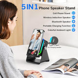 Wireless Induction Speaker 5-In-1 Bluetooth Speaker With Phone Stand,Stereo Sound, 3500Mah Rechargeable, 8 Rgb Ambient Light, 360° Adjustable Holder For Iphone/Android/Ipad,Gifts For Men Women (Black)