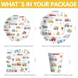 Transportation Birthday Decorations, Traffic Transportation Party Supplies Tableware, Plate, Napkin, Cup, Cutlery, Tablecloth, Banner, Truck Car Construction Vehicle Party Decorations, Serve 24