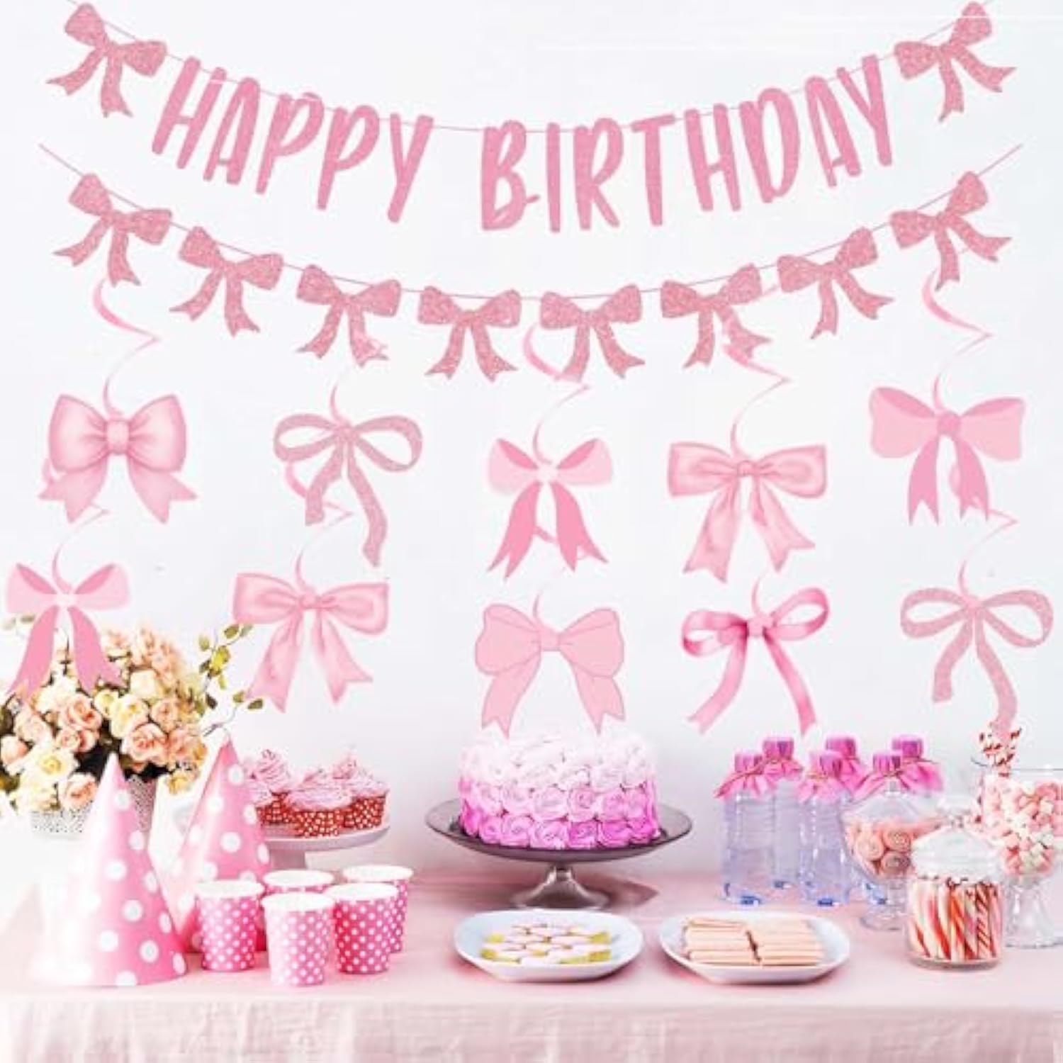Pink Bow Birthday Decorations, Glitter Happy Birthday Banner And Hanging Swirls For Women Girls Bow Themed Party Decor, Baby Shower Party Supplies