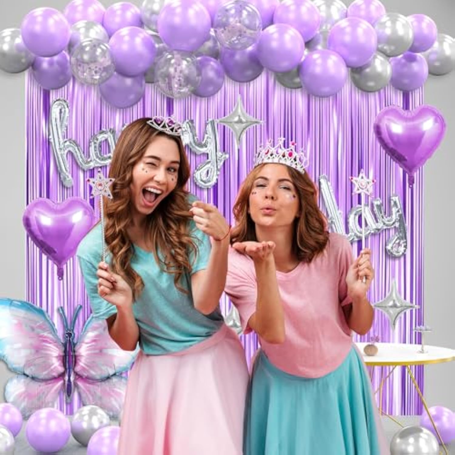 Purple Birthday Party Decorations For Girls Women, Lavender Purple And Sliver Butterfly Party Decor Set Including Happy Birthday Banner, Balloons Arch Kit ,Fringe Curtain Background