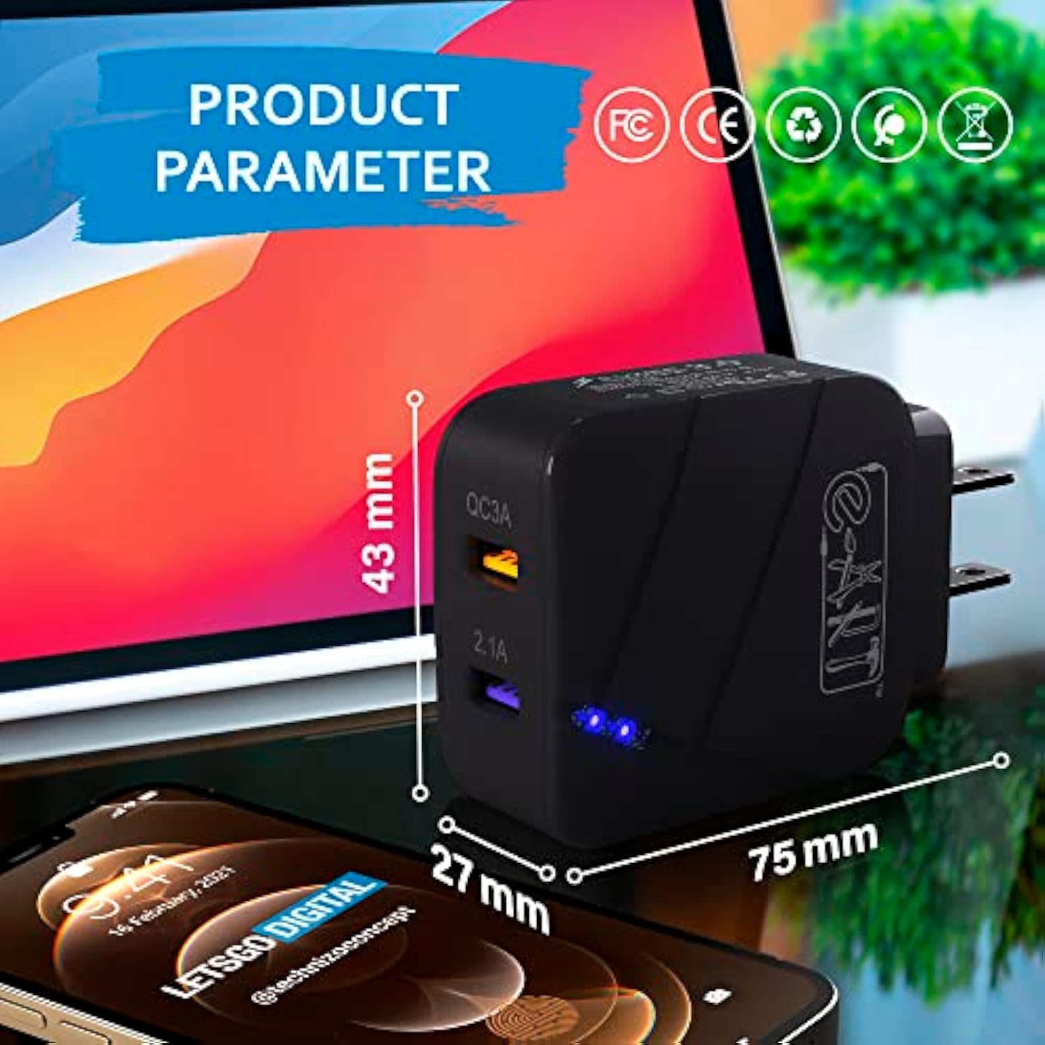 Usb Wall Charger 28W Dual Port Qc3.0 Amps Fast Charging Block With Led Indicator, Usb Cube Adapter Plug In Gift Box For Iphone 14 13 12 11 Pro Max Xr Xs, Samsung, Android Phones, Tablet (Black)