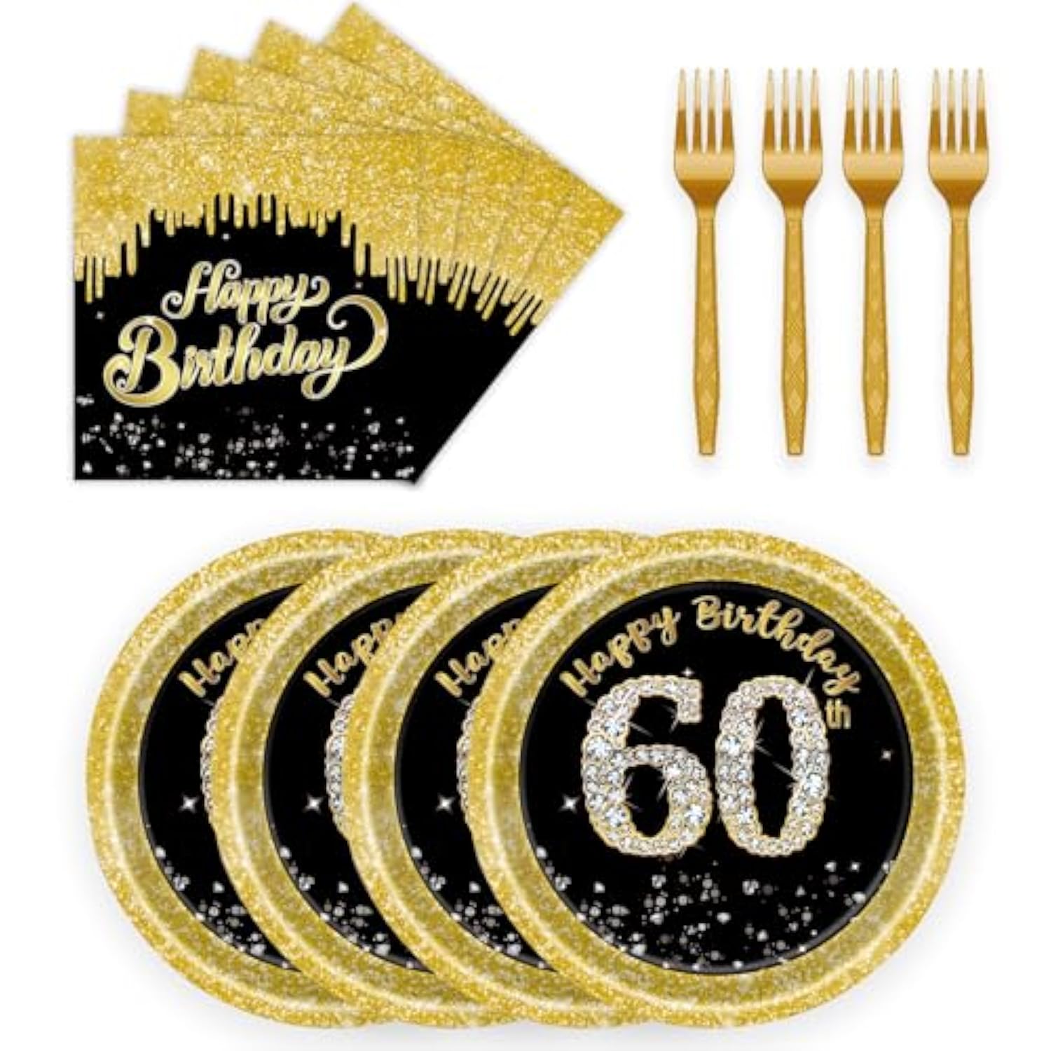 72-Piece 60th Birthday Party Set - Black & Gold Plates, Napkins for 24 Guests