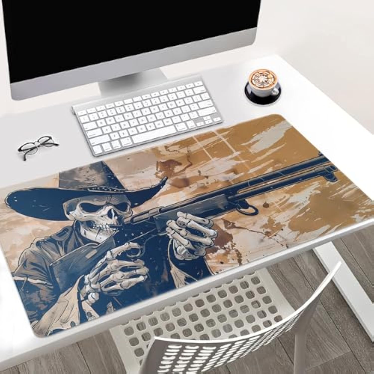 Western Cowboy Skeleton Gaming Mouse Pad, Large Extended Desktop Mat, 31.5 X 15.7 Inches, Non-Slip Base