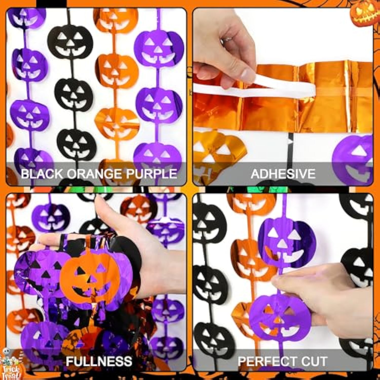 2 Pack Halloween Foil Fringe Curtains Backdrop Orange Purple Black Pumpkin Decor