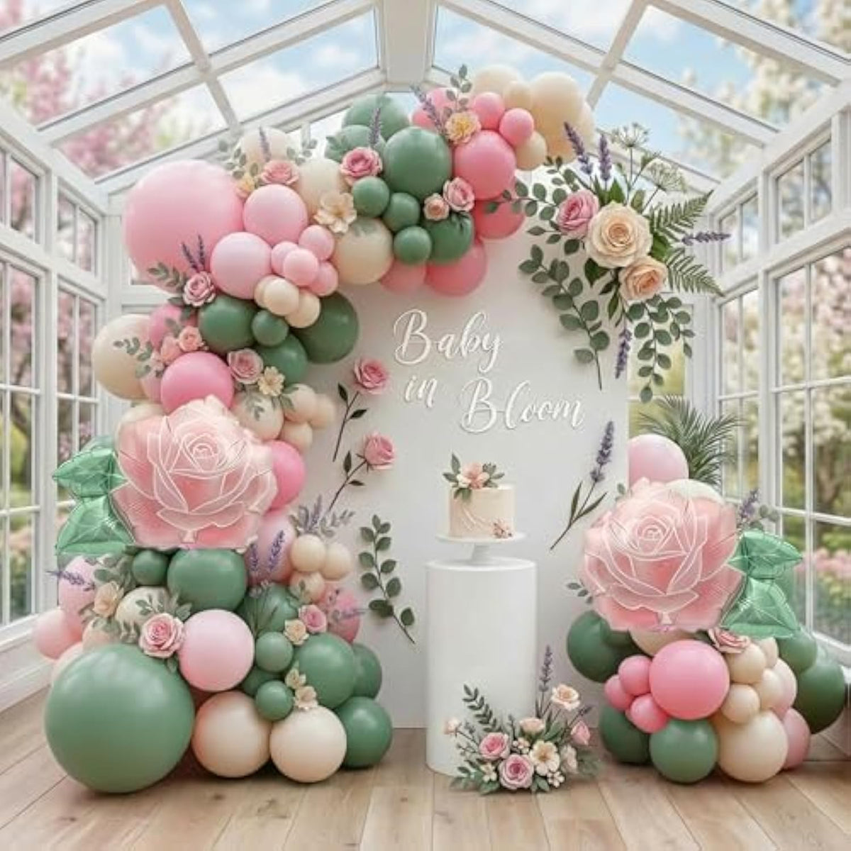 Spring Balloon Arch Kit Baby In Bloom Baby Shower Decorations With Pastel Sage Green Pink Balloon Garland With Huge Flower Mylar Balloons For Boho Baby Girl Birthday Mother'S Day Floral Decor Supplies
