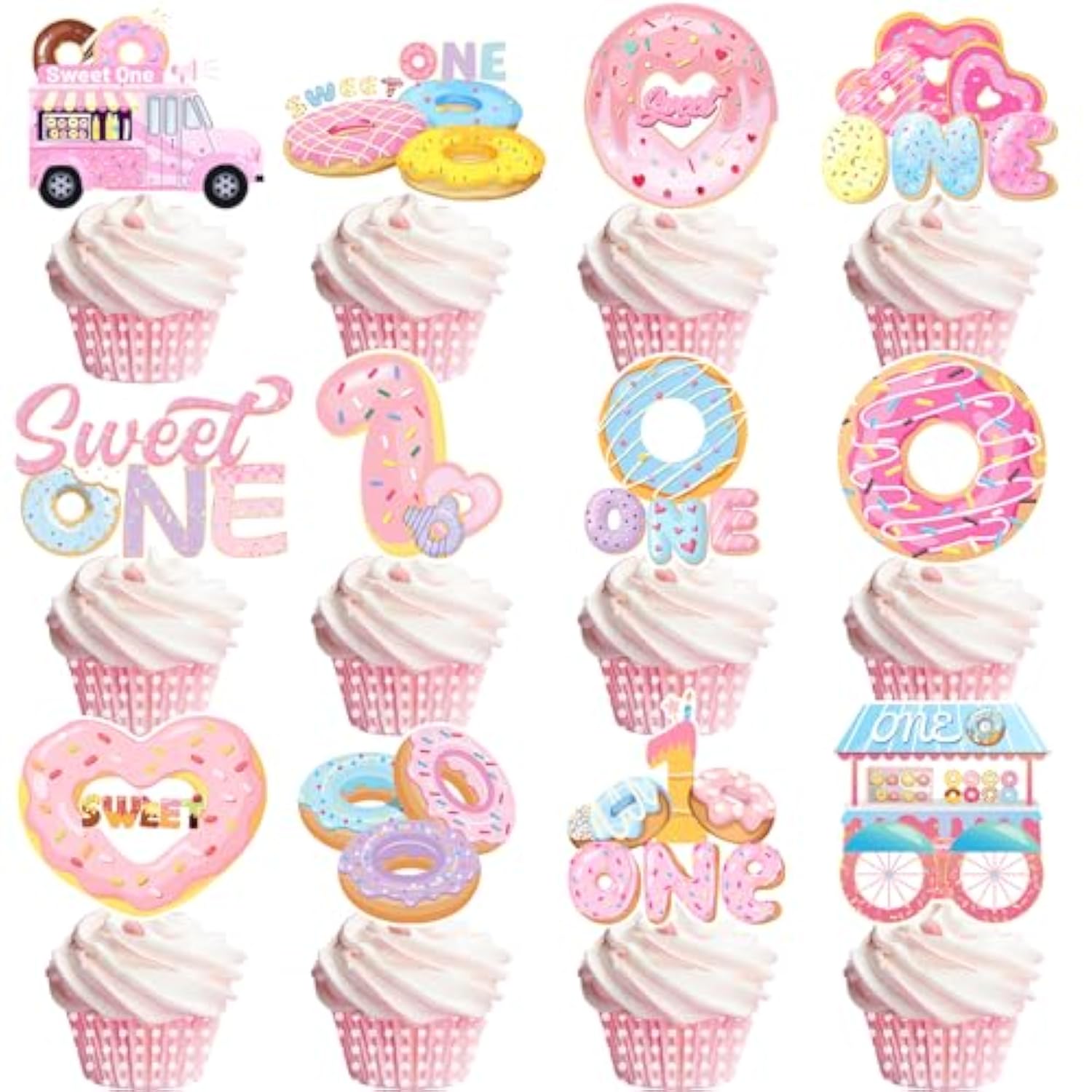 24 Pcs Donut Sweet One Birthday Party Decorations, Donut Party Cupcake Topper Decorations For Girls 1St Birthday Party Baby Shower Supplies