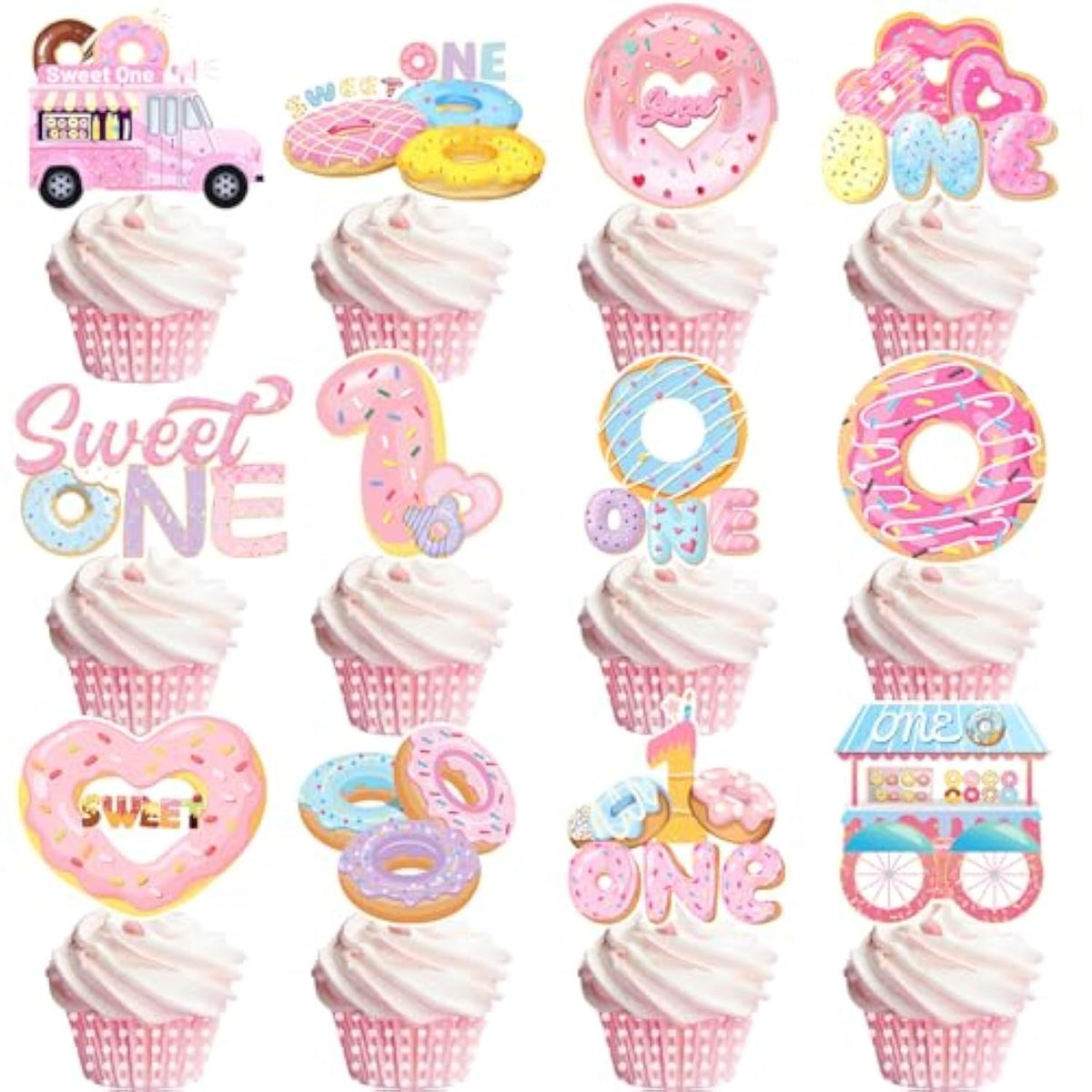 24 Pcs Donut Sweet One Birthday Party Decorations, Donut Party Cupcake Topper Decorations For Girls 1St Birthday Party Baby Shower Supplies