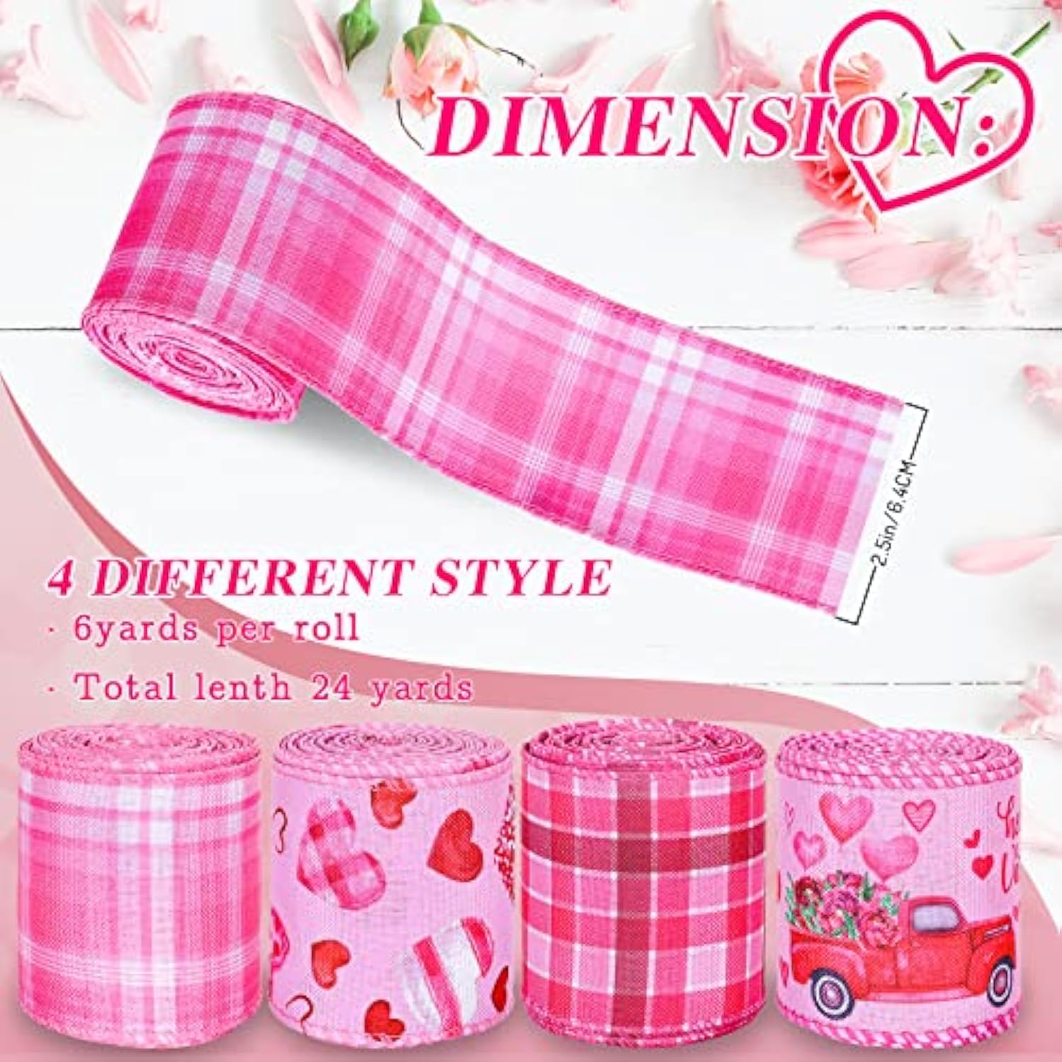 Valentine'S Day Wired Edge Ribbon Heart Truck Buffalo Plaids Fabric Ri