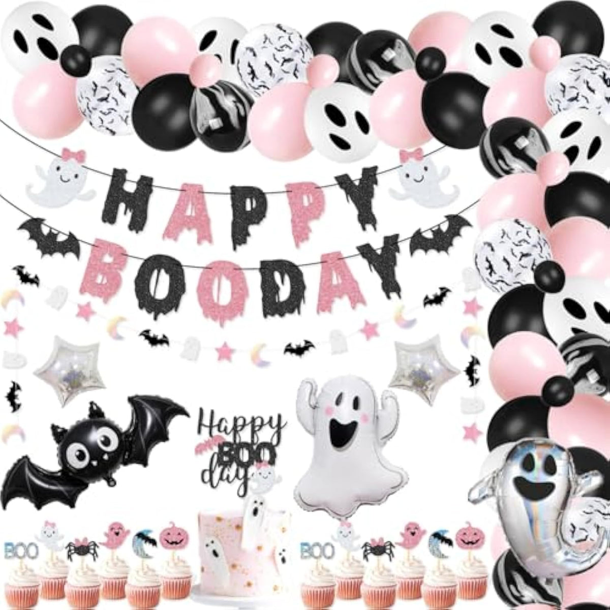 92 Packs Pink Black Halloween Birthday Party Kit Happy Boo Day Banner Cake Topper Ghost Cupcake Toppers Skeleton Bat Mylar Balloons For Pink And Black Halloween Birthday Party Decorations