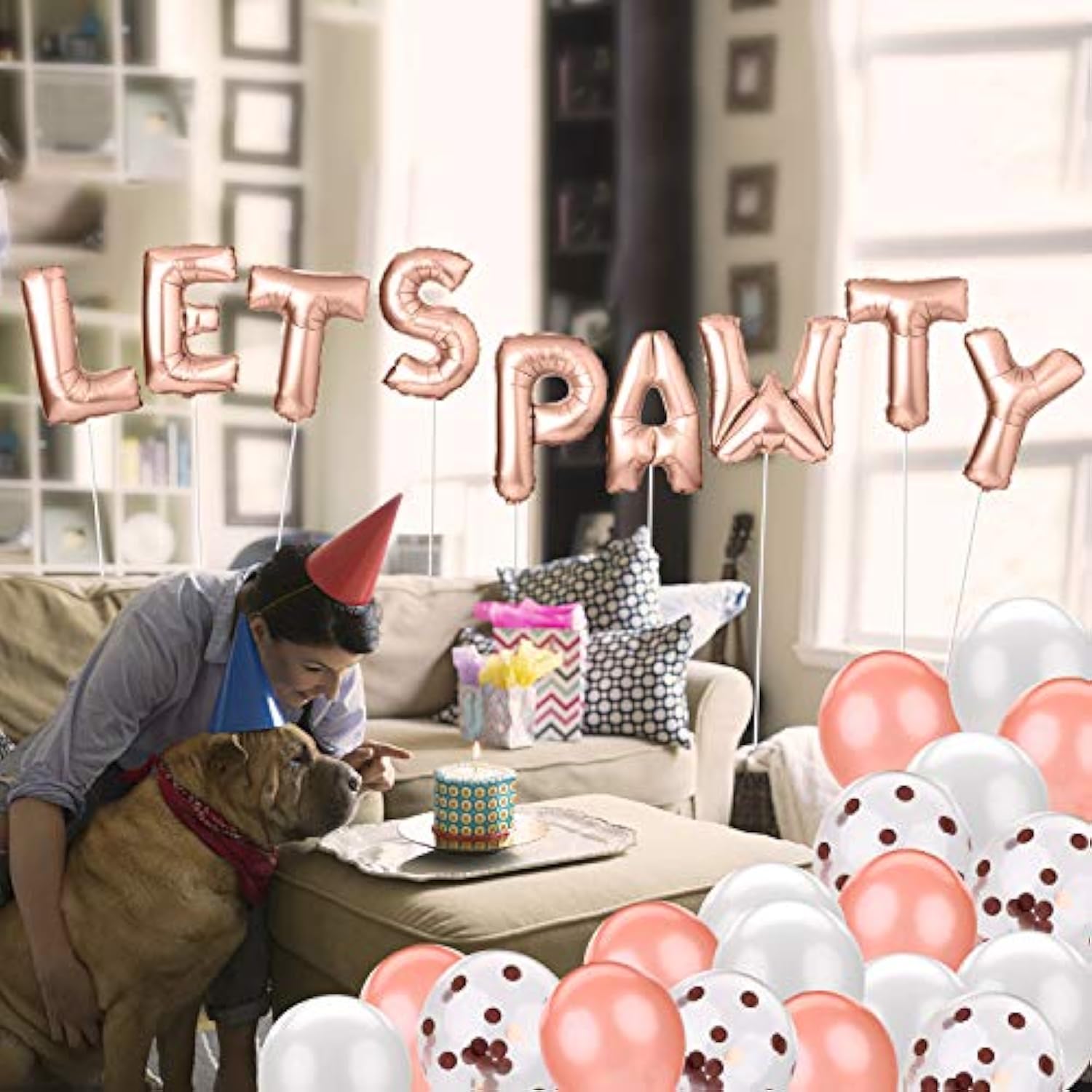 Dog Birthday Party Supplies Dog Paw Print Balloons Cat Birthday Hat Happy Birthday Banner Foil Balloons Lets Pa Letters Balloons Decorations (Rose Gold)