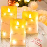 Flameless Flickering Led Candle With Remote Control, 3 Pack Battery Operated Real Wax Pillar Candle With Embedded String Lights, Ideal For Wedding, Home Decor And Holiday (Ivory)