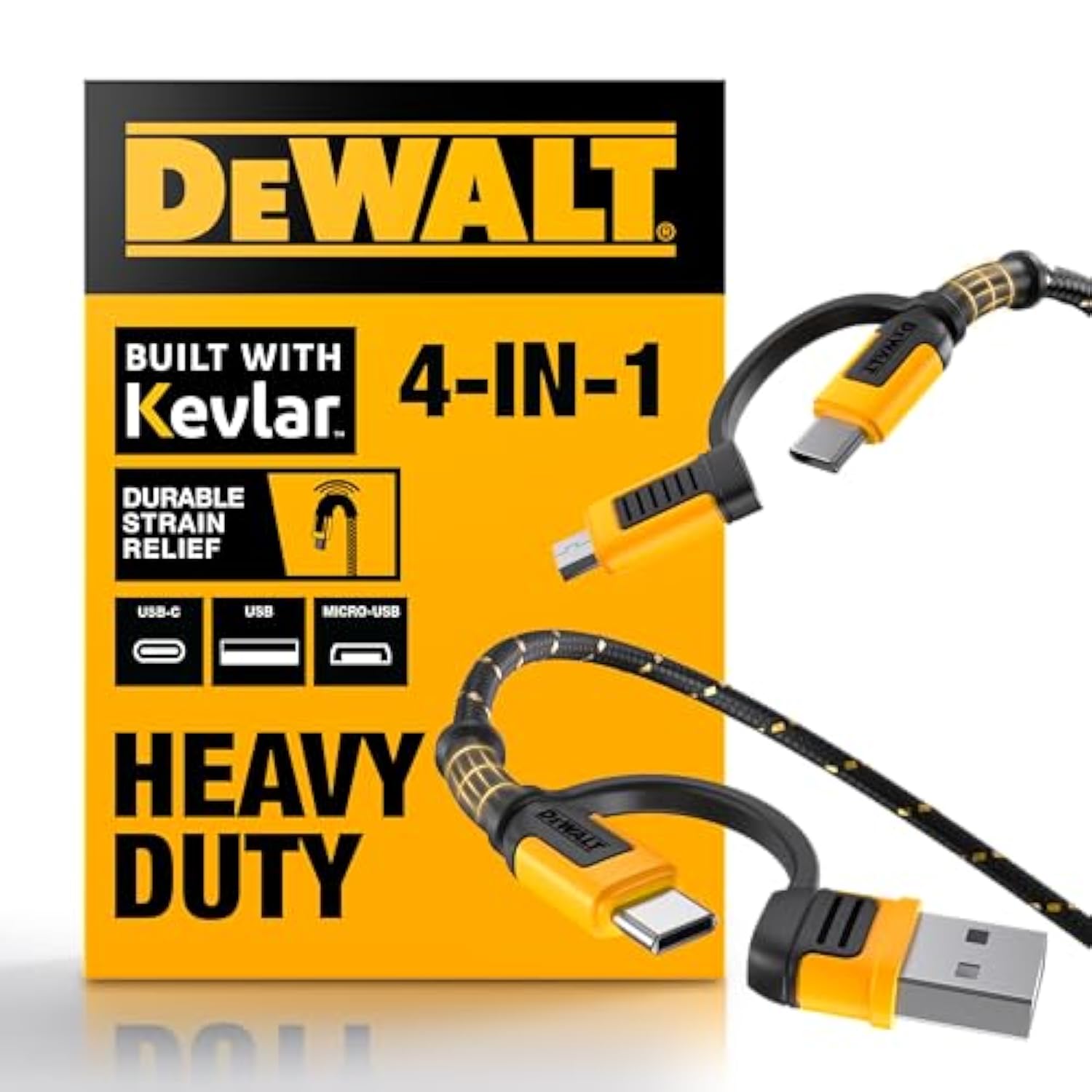 DEWALT Heavy Duty 4-in-1 Cable, Type C/MicroUSB/USB Cables for iPhone 17/16/15 iPad, USBC All in One Charging Cable, HTC, LG, Samsung Galaxy, Android, iPad Pro, Micro-to-C Charger Cables (6ft, Black)