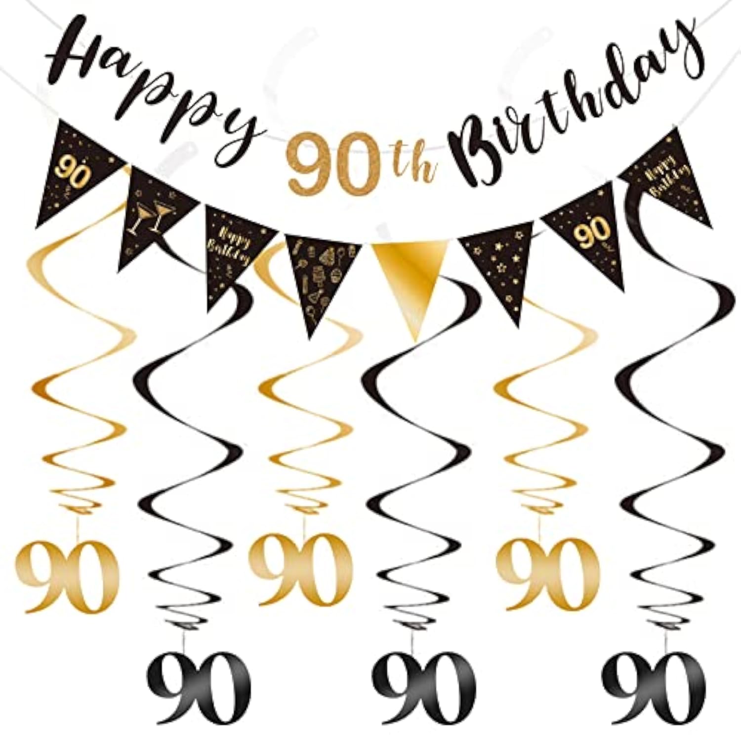 90Th Birthday Decoration Kit Happy 90Th Banner Swirls Streamers Black Gold