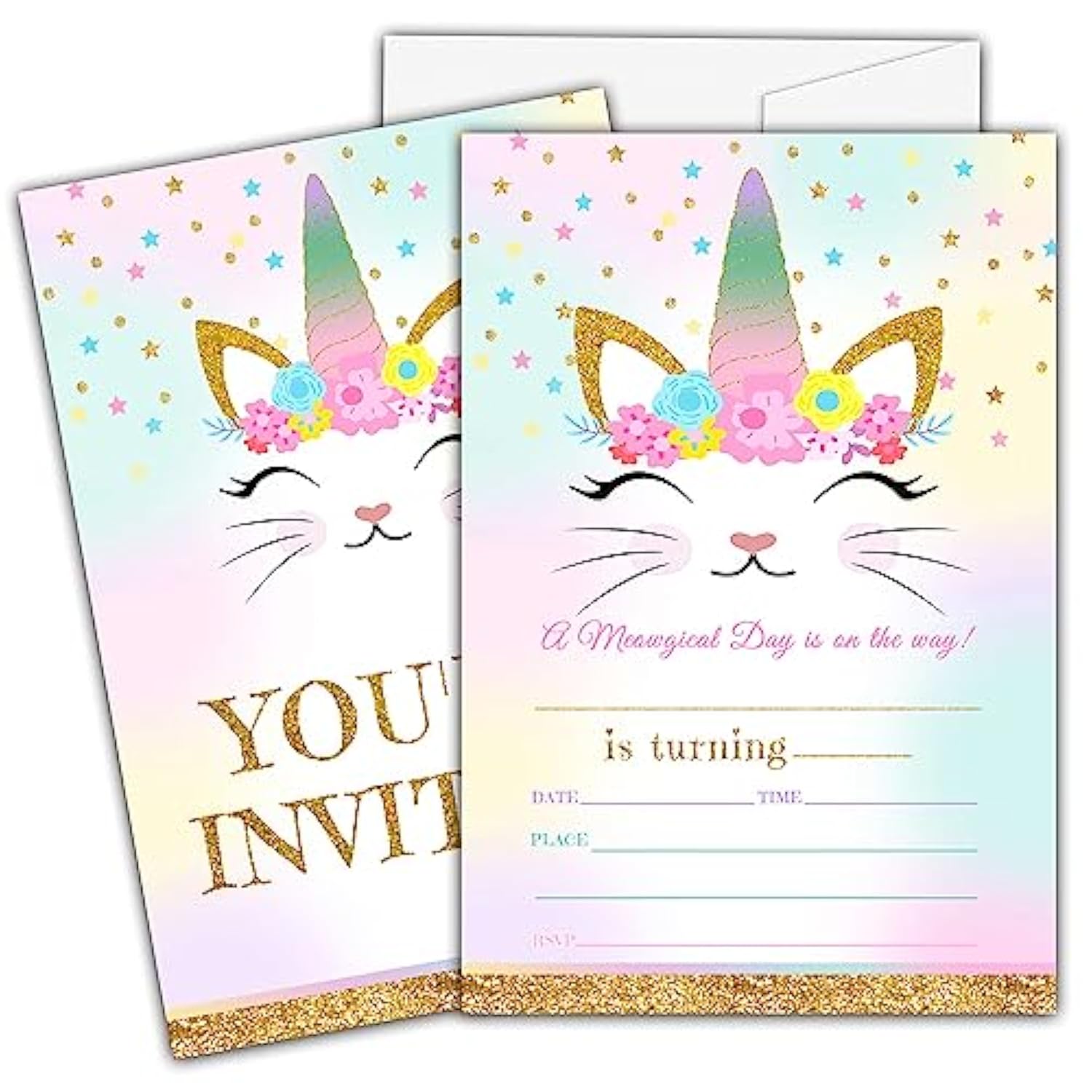 Caticorn Birthday Invitations For Kids, Kitty Unicorn Birthday Party Invitation Cards, Rainbow Cat Floral Party Celebration Supplies Decoration -20 Fill In Invitations With Envelopes (B03)