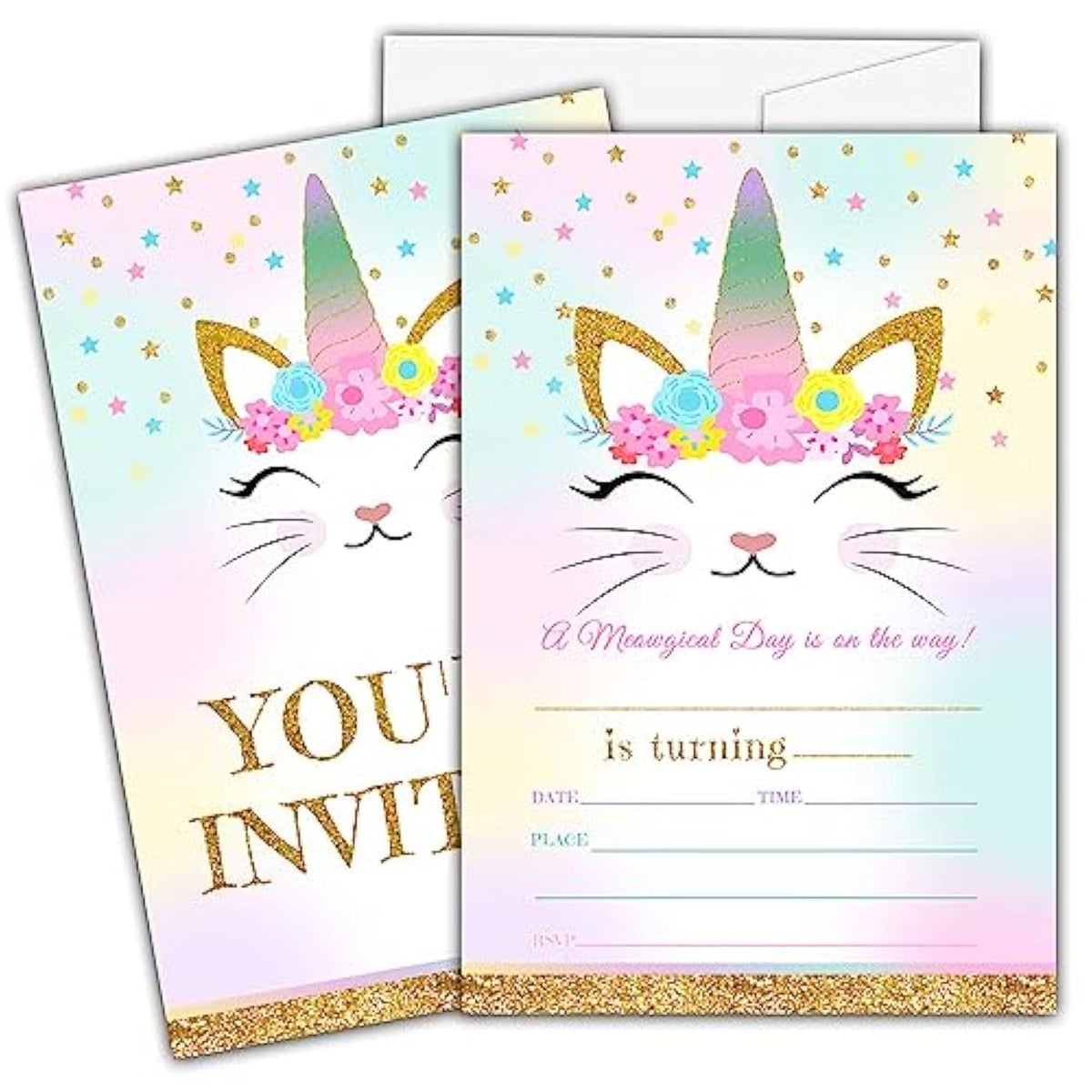 Caticorn Birthday Invitations For Kids, Kitty Unicorn Birthday Party Invitation Cards, Rainbow Cat Floral Party Celebration Supplies Decoration -20 Fill In Invitations With Envelopes (B03)