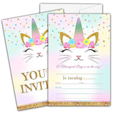Caticorn Birthday Invitations For Kids, Kitty Unicorn Birthday Party Invitation Cards, Rainbow Cat Floral Party Celebration Supplies Decoration -20 Fill In Invitations With Envelopes (B03)