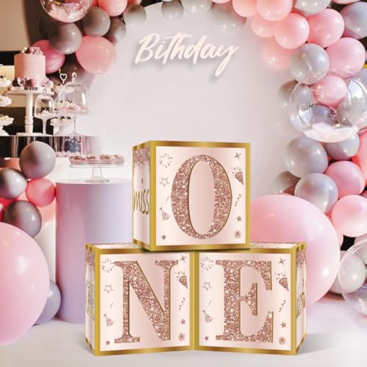 3Pcs 1St Birthday Boxes & Decor - Pink Rose Gold Miss Onederful Balloons, One Year Old Girl Birthday Theme Cardboard Box Decor