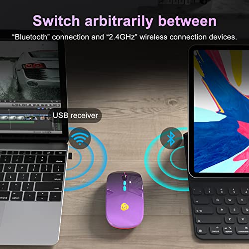 Led Wireless Mouse, Bluetooth Mouse &2.4Ghz Instant Connection,Rechargeable Ultra Silent Slim,3 Dpi 2 Connection Modes With Usb-C To Usb Adapter For Laptop/Macbook/Pc/Tablet/Ipad (Black-Purple)