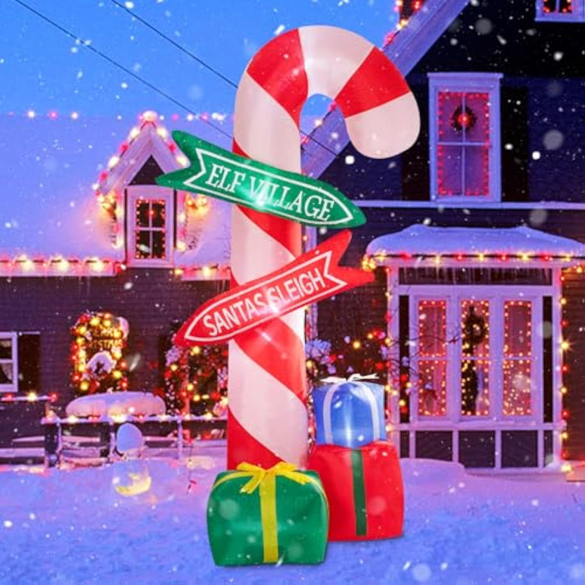 9 Ft Tall Christmas Inflatables Outdoor Decorations, Inflatables Candy Cane With Road Sign Blow Up Merry Christmas Bag Y