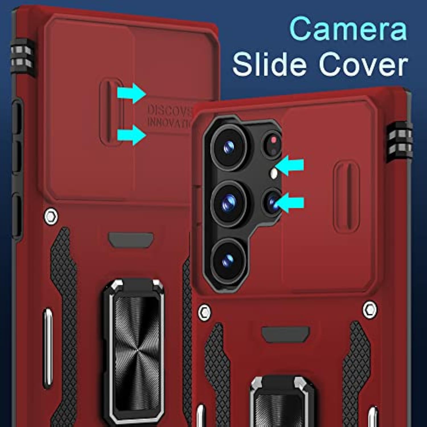 Case For Samsung Galaxy S23 Ultra With Slide Camera Cover,Rotated Ring Kickstand Military Grade Shockproof Protective Cover-Red
