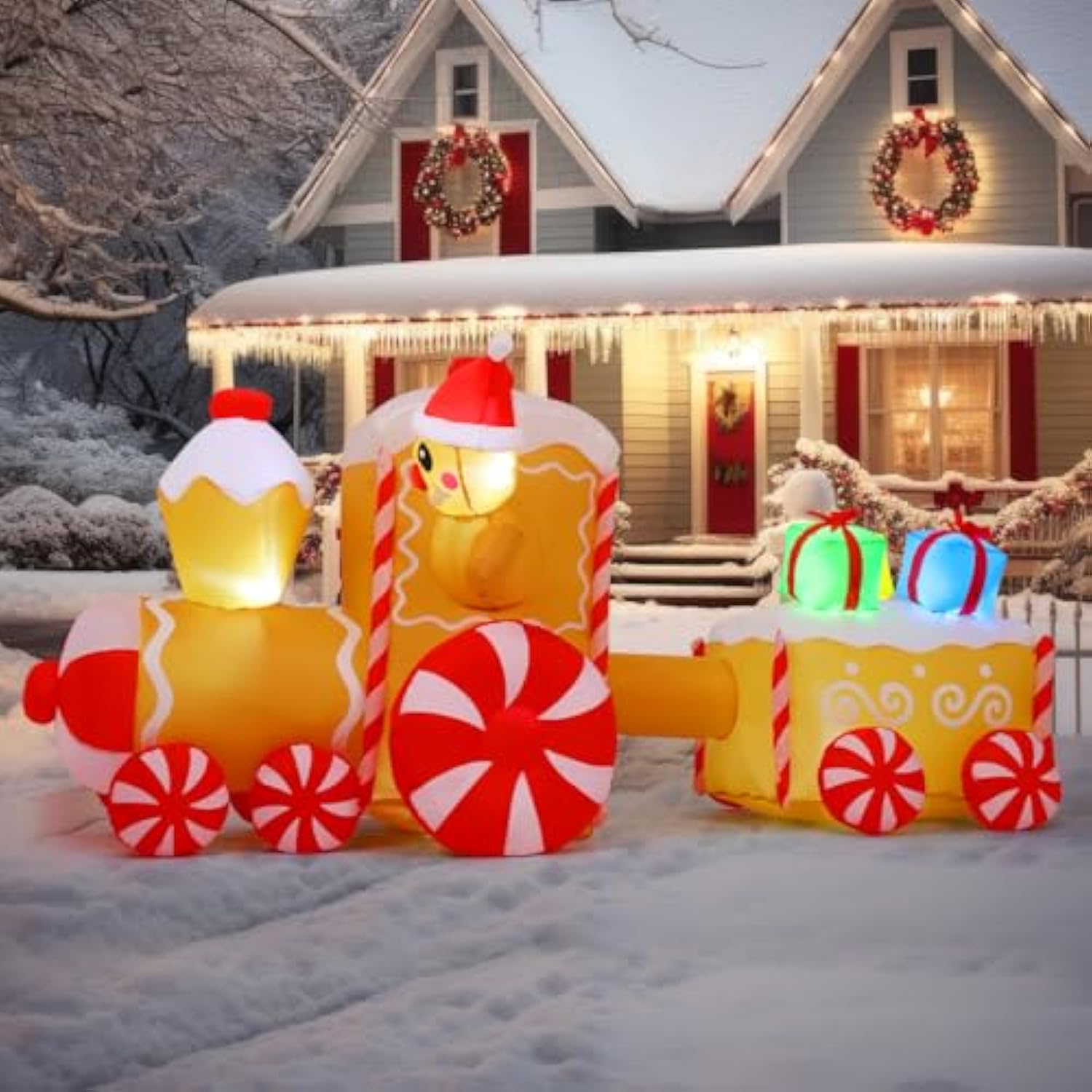 9 Ft Length Christmas Inflatables Outdoor Decoration Blow Up Gingerbread Man Train With Built-In Leds For Indoor Yard Ga