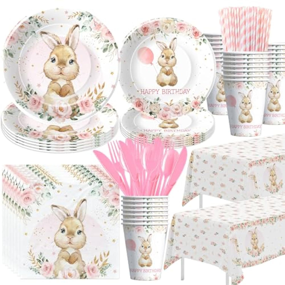 Bunny Birthday Decorations Tableware, Bunny Party Supplies, Paper Plate, Cup, Napkin, Tablecloth, Cutlery, Rabbit Bunny Party Decorations For Easter 1St 2Nd Birthday, Serves 24
