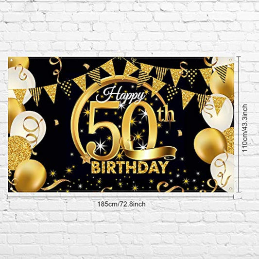 Birthday Party Decoration Extra Large Fabric Black Gold Sign Poster For Anniversary Photo Booth Backdrop Background Banner, Birthday Party Supplies, 72.8 X 43.3 Inch (50Th)