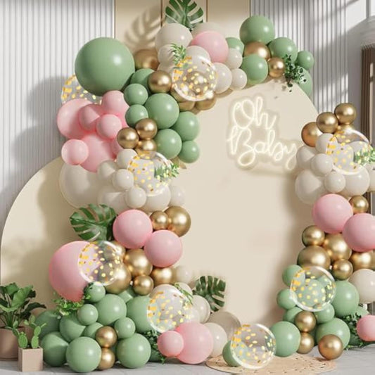 Sage Green Pink Balloon Arch Kit, Olive Green Light Pink Sand White Blush Metallic Gold Balloons With Gold Confetti Balloons For Girl Birthday Woodland Baby Shower Jungle Safari Decorations