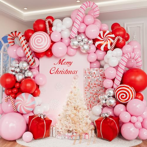 150PCS Christmas Balloon Arch Kit, Pink Red White Silver Balloons Garland with Candy Cane & Lollipop Foil Balloons, Pink Christmas Party Decorations for Xmas Birthday Baby Shower Holiday Decorations
