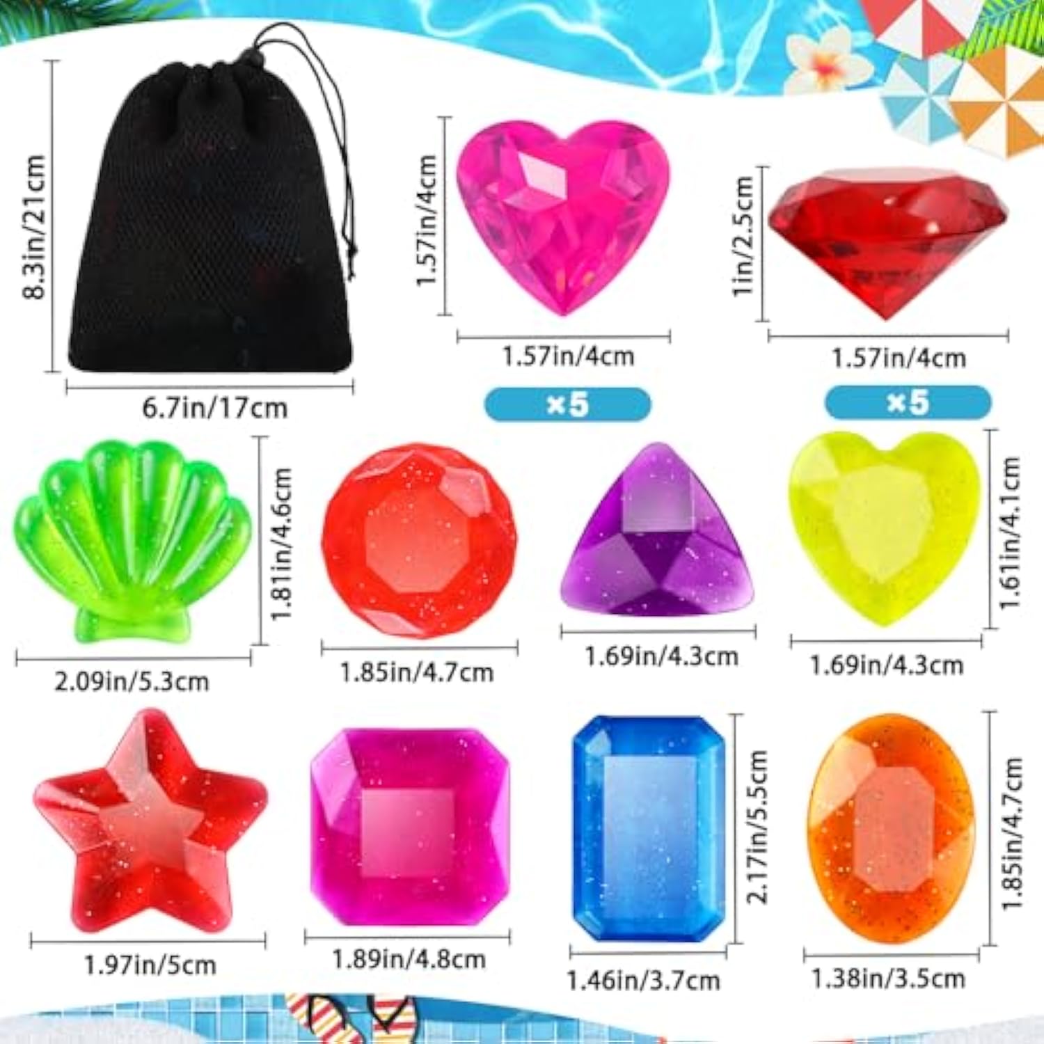 18Pcs Diving Gem Pool Toys, Acrylic Big Colorful Diamonds Pirate Treasure Diving Gems Underwater Swimming Toys For Kids Summer Pool Beach Party Favor Games Present