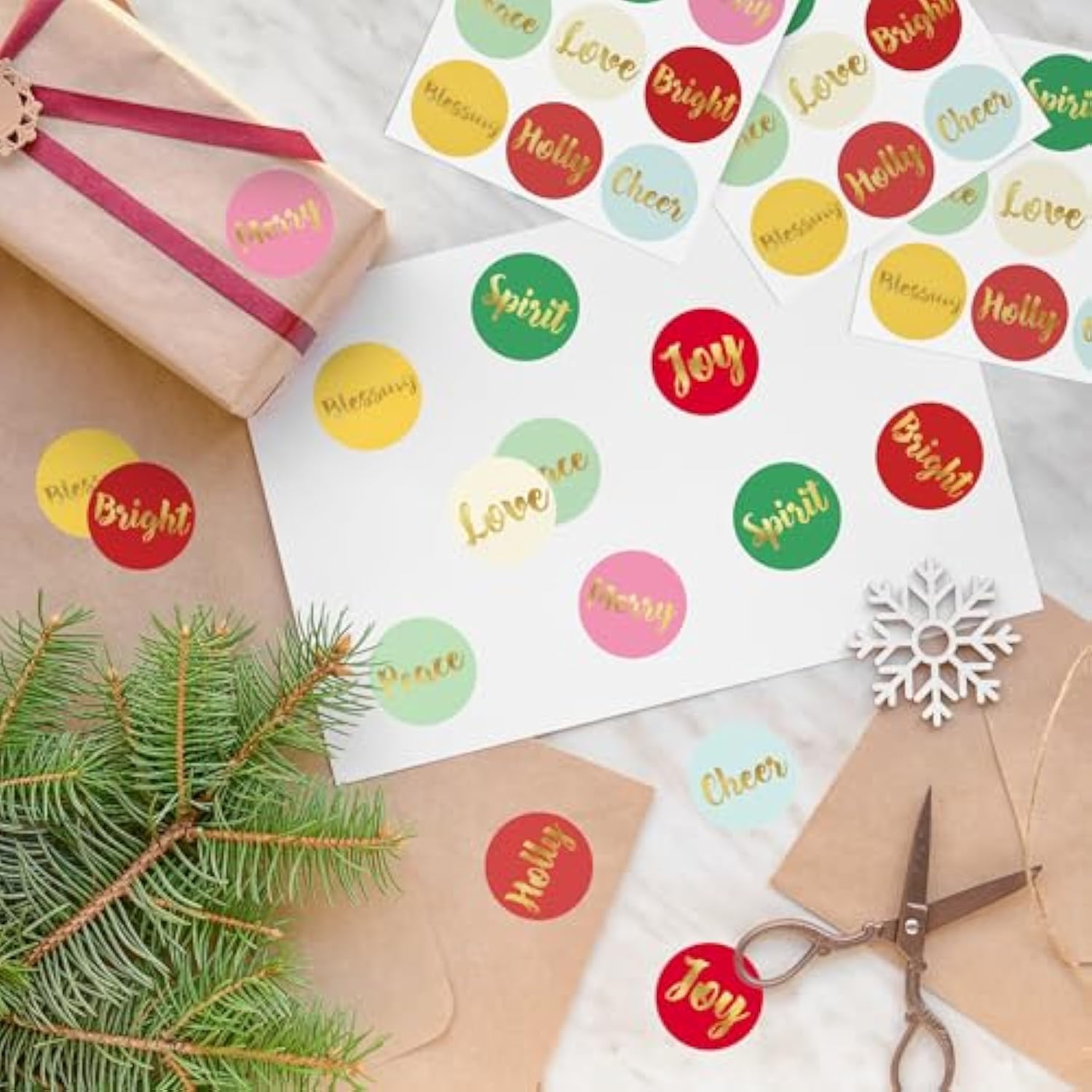 Colorful Christmas Stickers | Gold Foil | 1.4 Inch | Inspirational Positive Word | Waterproof | 135-Pack For Christmas Gifts, Holiday Stickers For Envelopes